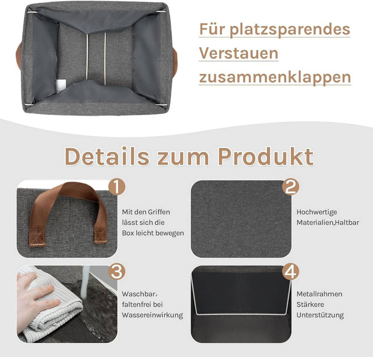 24goodz Foldable Storage Boxes Set of 5 - Durable and Versatile - Kationic Fabric and Polyester - For Organizing Your Home - Grey + Brown