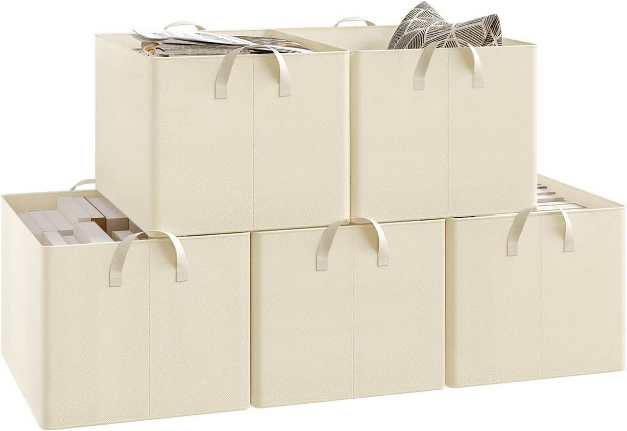 24goodz Set of 5 Foldable Storage Boxes - Durable and Versatile - Polyester and Metal - For Organizing Your Space - Cream