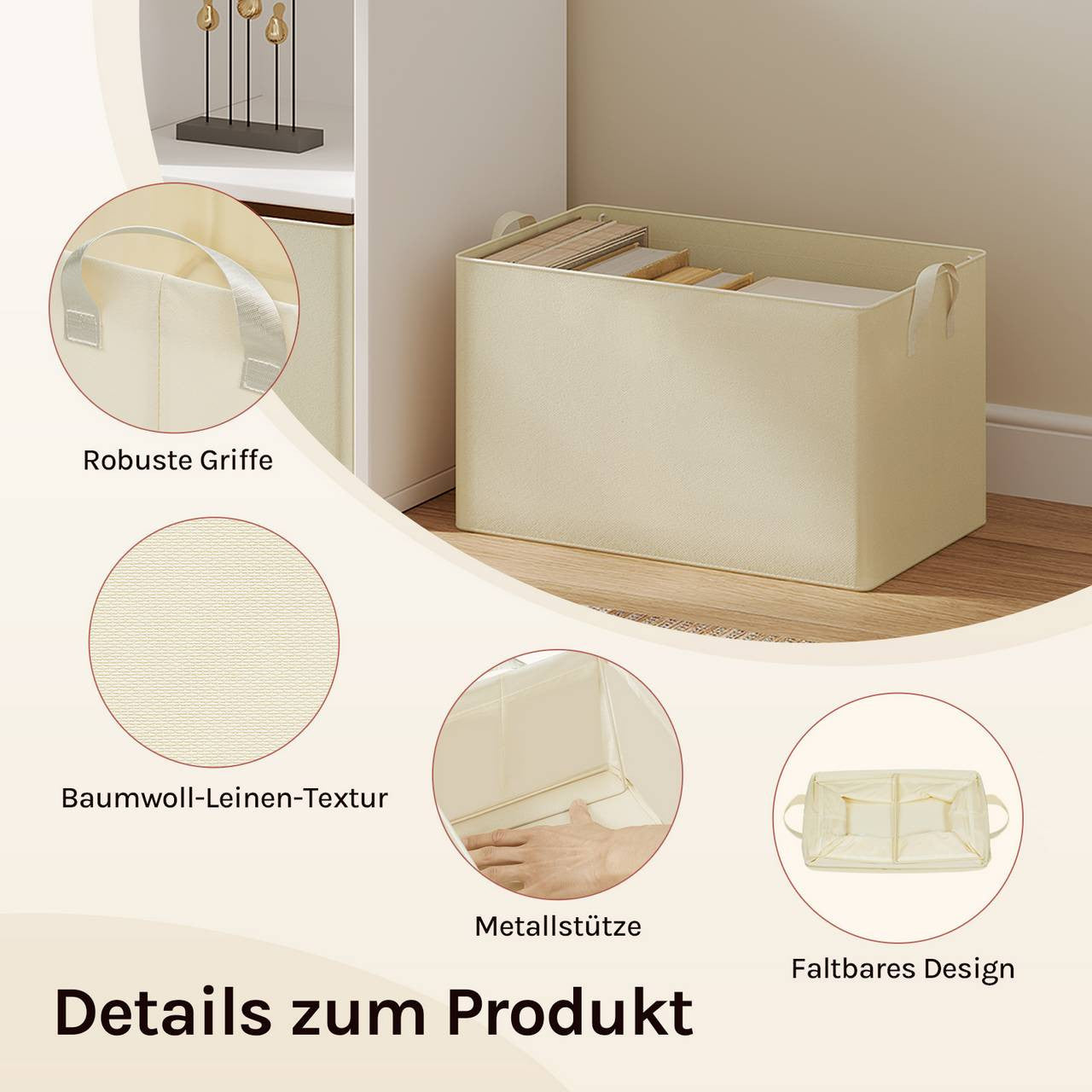 24goodz Set of 5 Foldable Storage Boxes - Durable and Versatile - Polyester and Metal - For Organizing Your Space - Cream