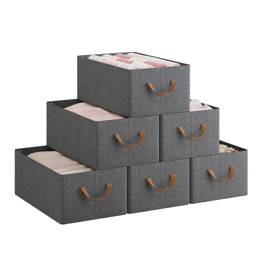24goodz Storage Boxes Set of 6 - Durable and Flexible Organization - Kationic Fabric and Polyester - For Home and Office - Grey + Brown