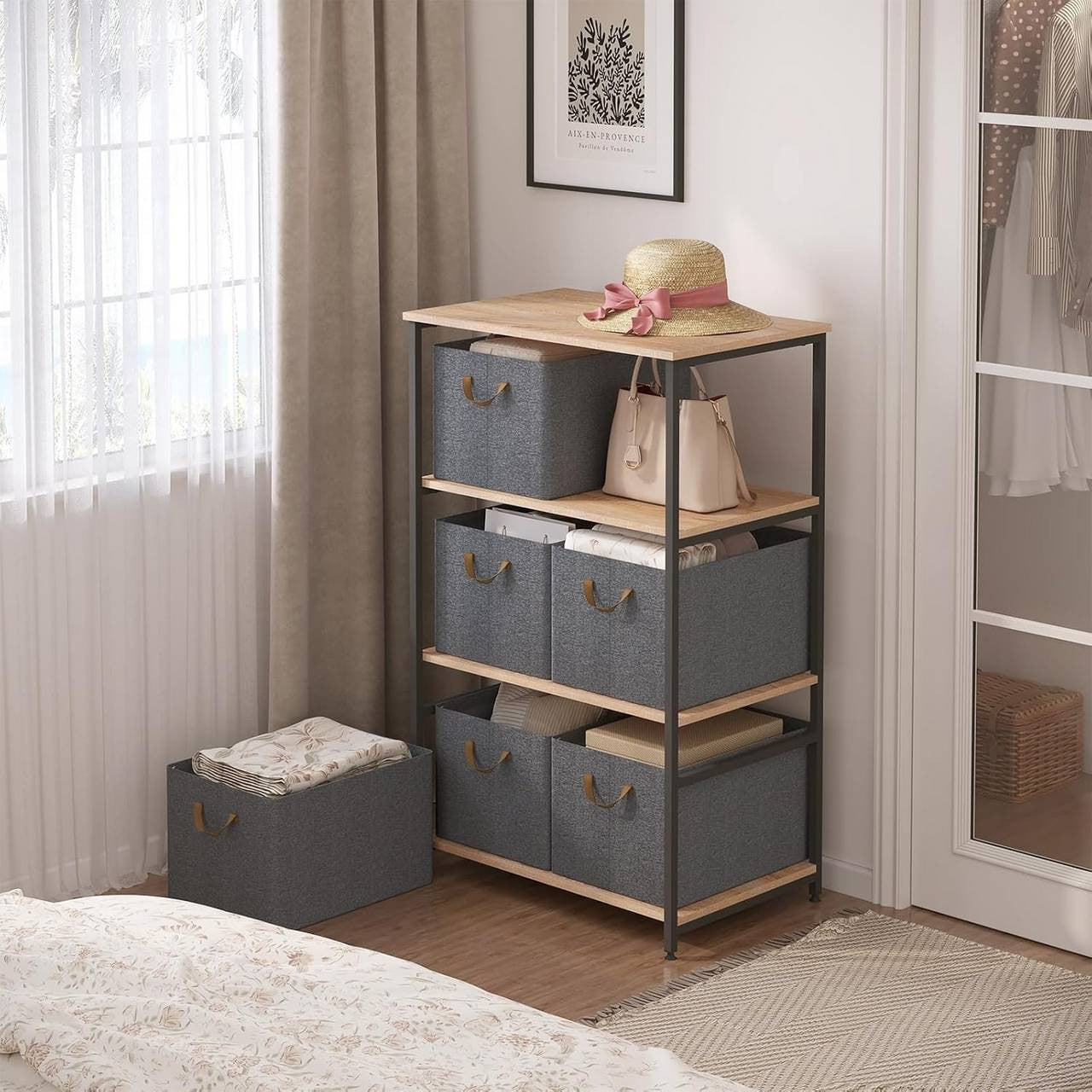 24goodz Folding Storage Boxes Set of 6 - Durable & Space-Saving - Polyester and Metal - For Organizing - Grey + Brown