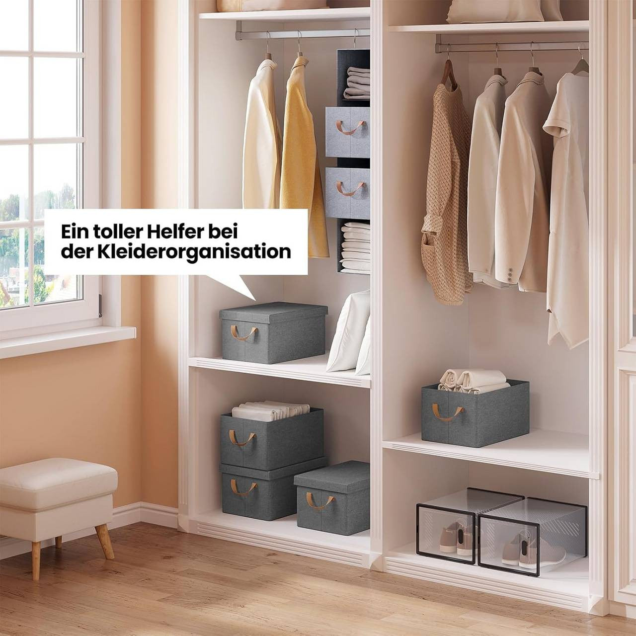 24goodz Set of 6 Storage Boxes with Lids - Versatile Organization Solution - Durable Polyester - For Home and Office - Grey (38x27x20 cm)