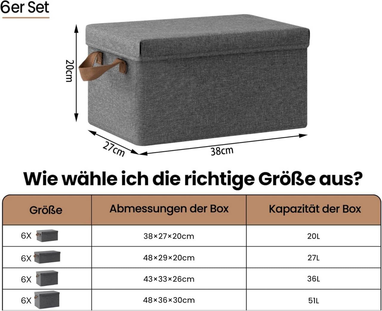 24goodz Set of 6 Storage Boxes with Lids - Versatile Organization Solution - Durable Polyester - For Home and Office - Grey (38x27x20 cm)