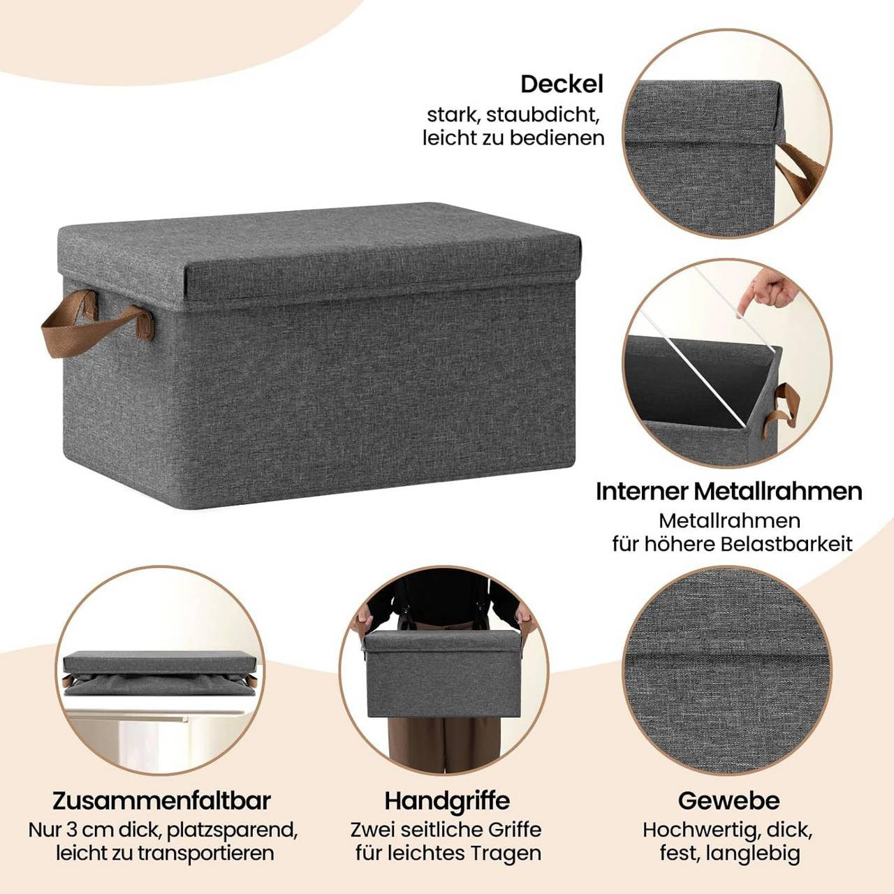 24goodz Set of 6 Storage Boxes with Lids - Versatile Organization Solution - Durable Polyester - For Home and Office - Grey (38x27x20 cm)