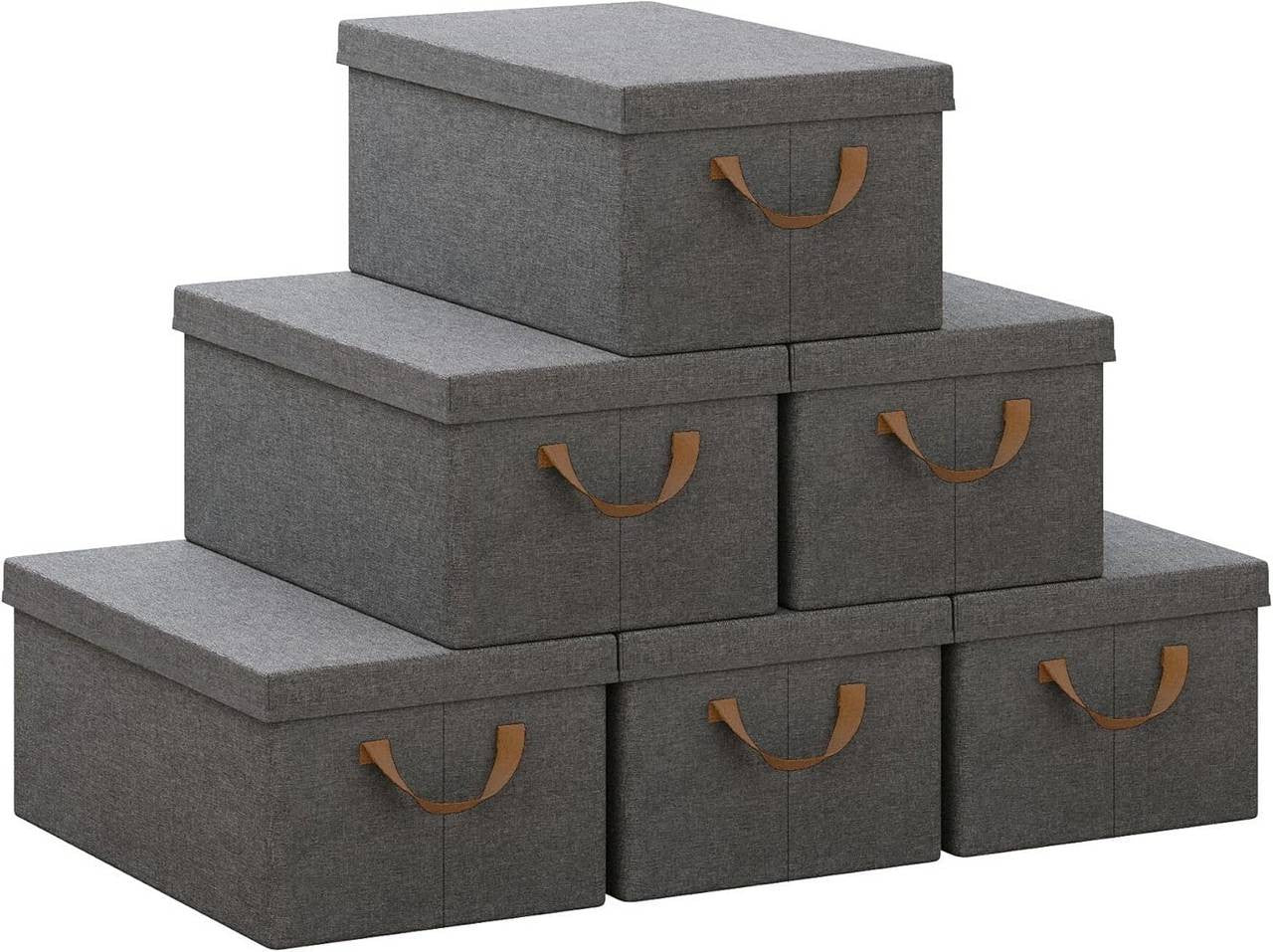 24goodz Set of 6 Storage Boxes with Lids - Versatile and Space-Saving - Polyester and Metal - For Home Organization - Grey