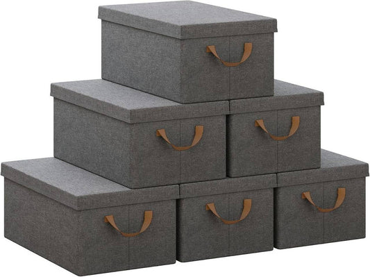 24goodz Set of 6 Storage Boxes with Lids - Versatile and Space-Saving - Polyester and Metal - For Home Organization - Grey