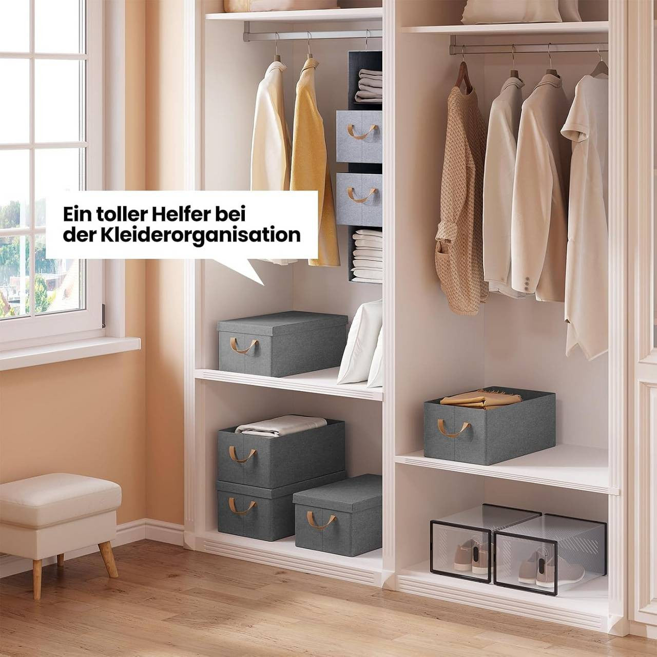 24goodz Set of 6 Storage Boxes with Lids - Versatile and Space-Saving - Polyester and Metal - For Home Organization - Grey