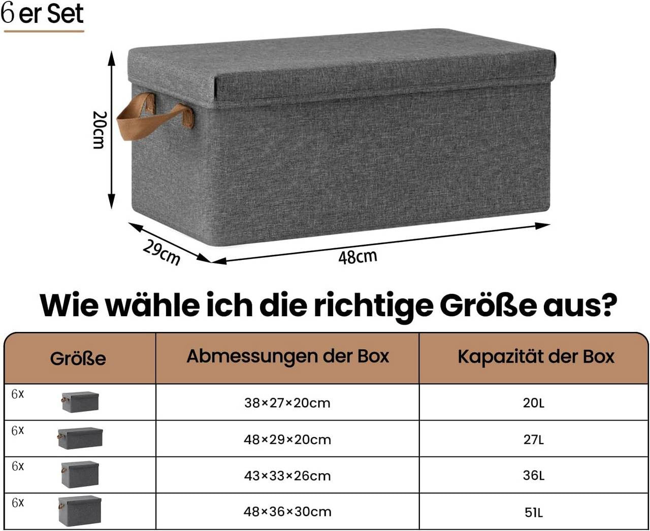24goodz Set of 6 Storage Boxes with Lids - Versatile and Space-Saving - Polyester and Metal - For Home Organization - Grey