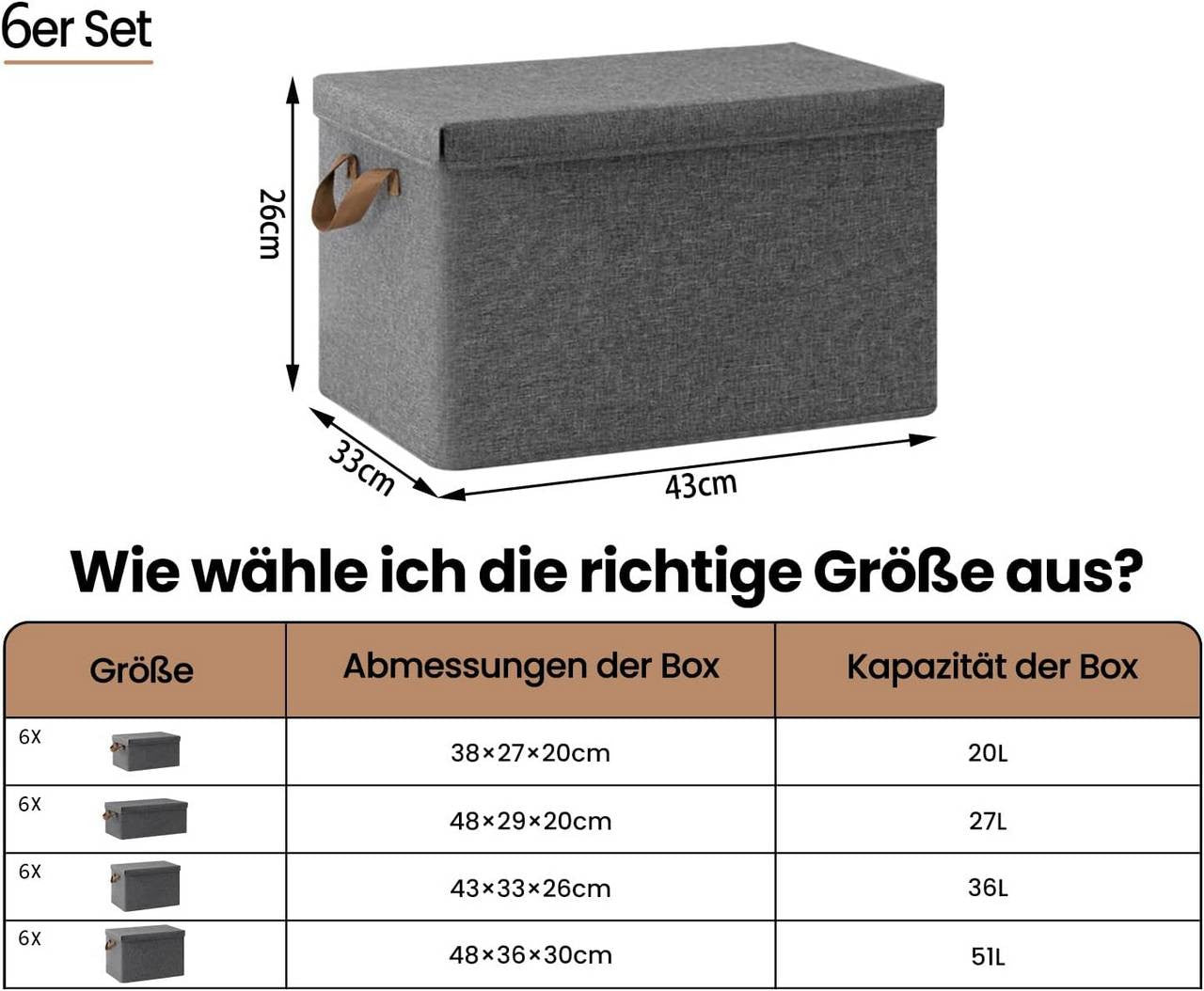 24goodz Set of 6 Storage Boxes with Lid - Versatile Organization Solution - Foldable Design - Polyester - For Home Use - Grey