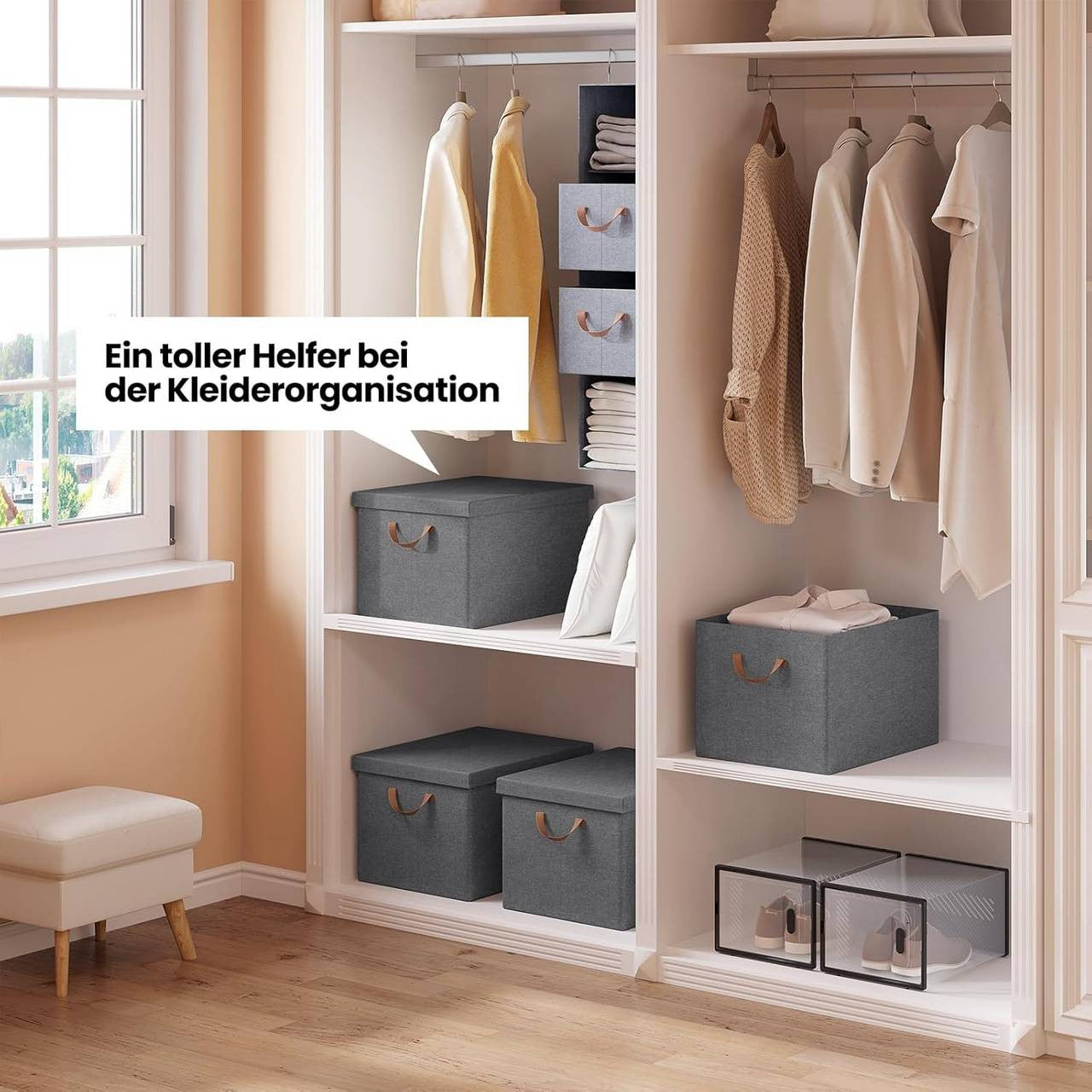 24goodz Set of 6 Storage Boxes with Lid - Versatile and Space-Saving - Polyester and Metal - For Home Organization - Grey