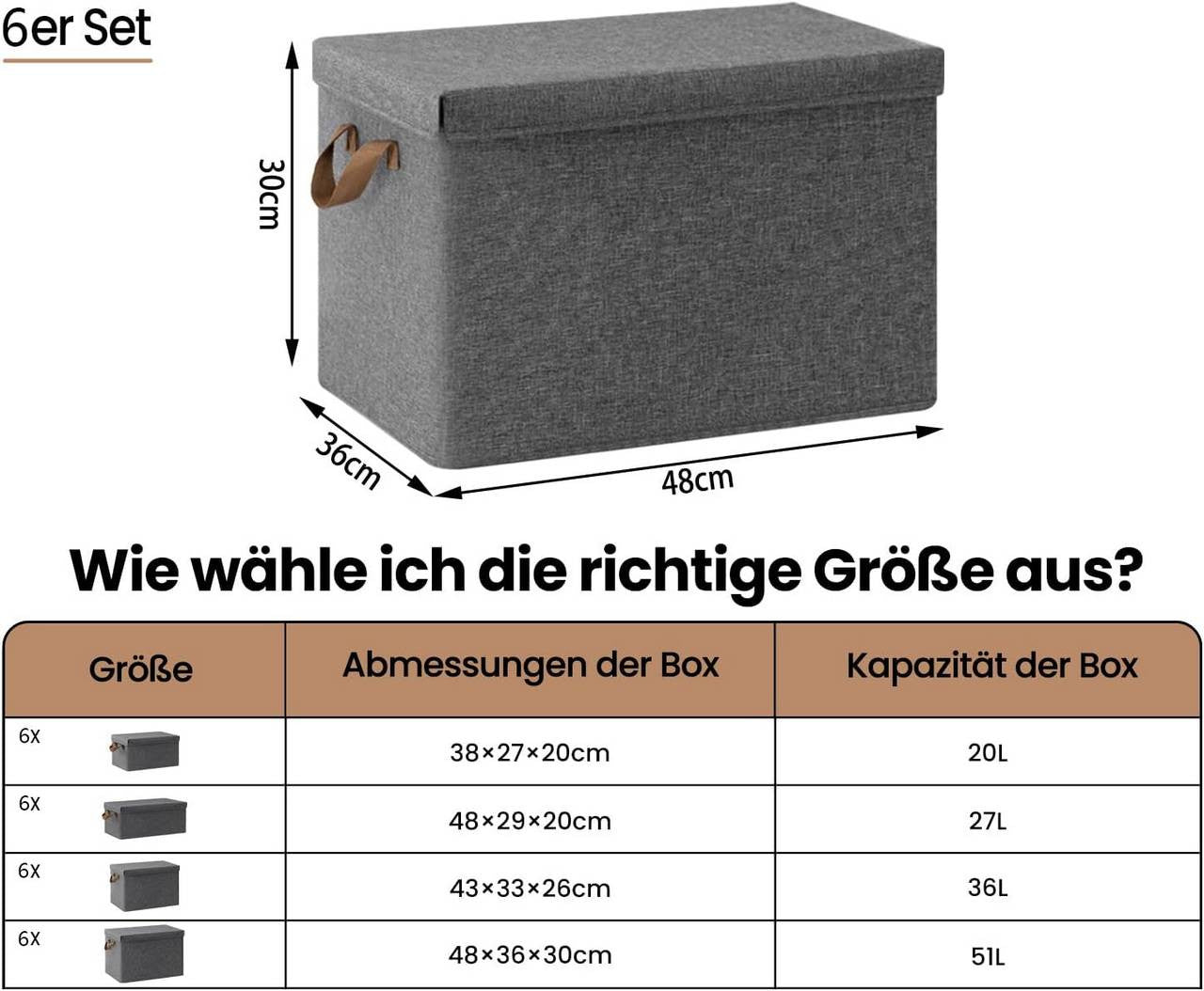 24goodz Set of 6 Storage Boxes with Lid - Versatile and Space-Saving - Polyester and Metal - For Home Organization - Grey