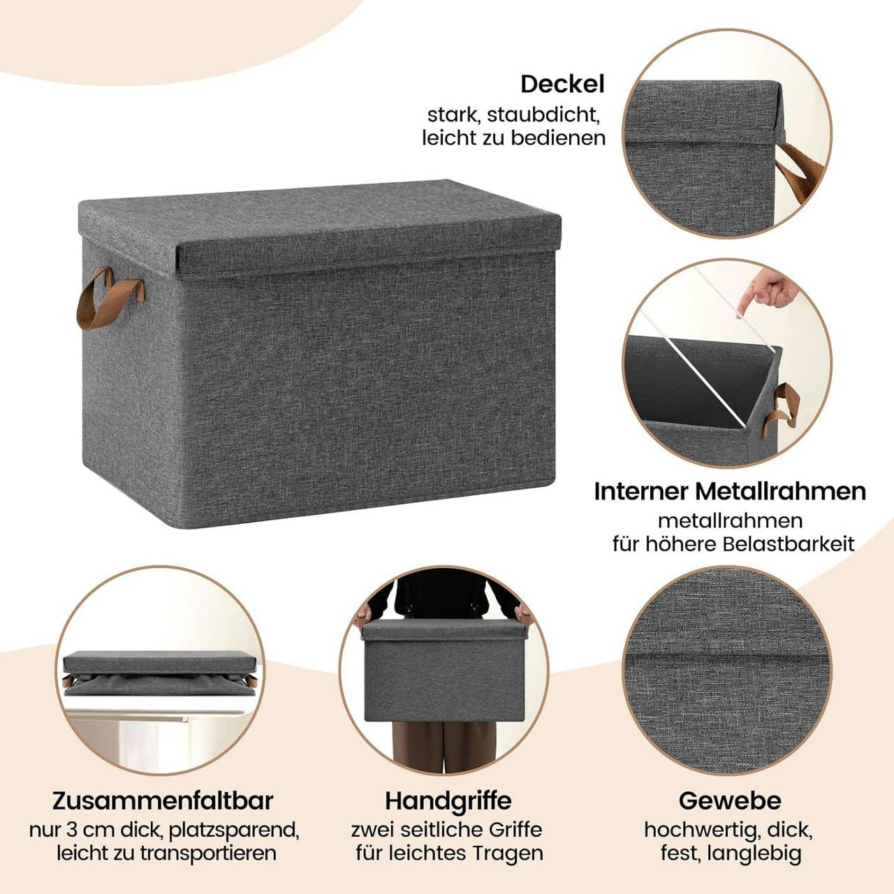 24goodz Set of 6 Storage Boxes with Lid - Versatile and Space-Saving - Polyester and Metal - For Home Organization - Grey