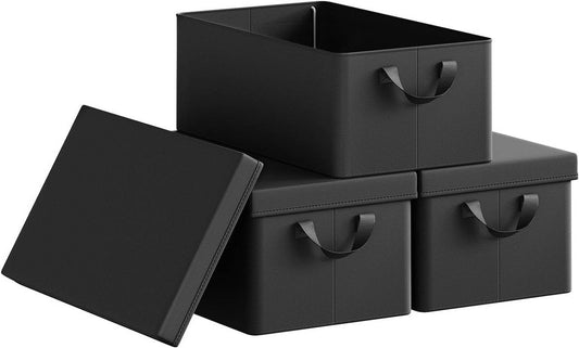 24goodz Set of 3 Storage Boxes with Lids - Versatile and Space-Saving - Polyester - For Home Organization - Black