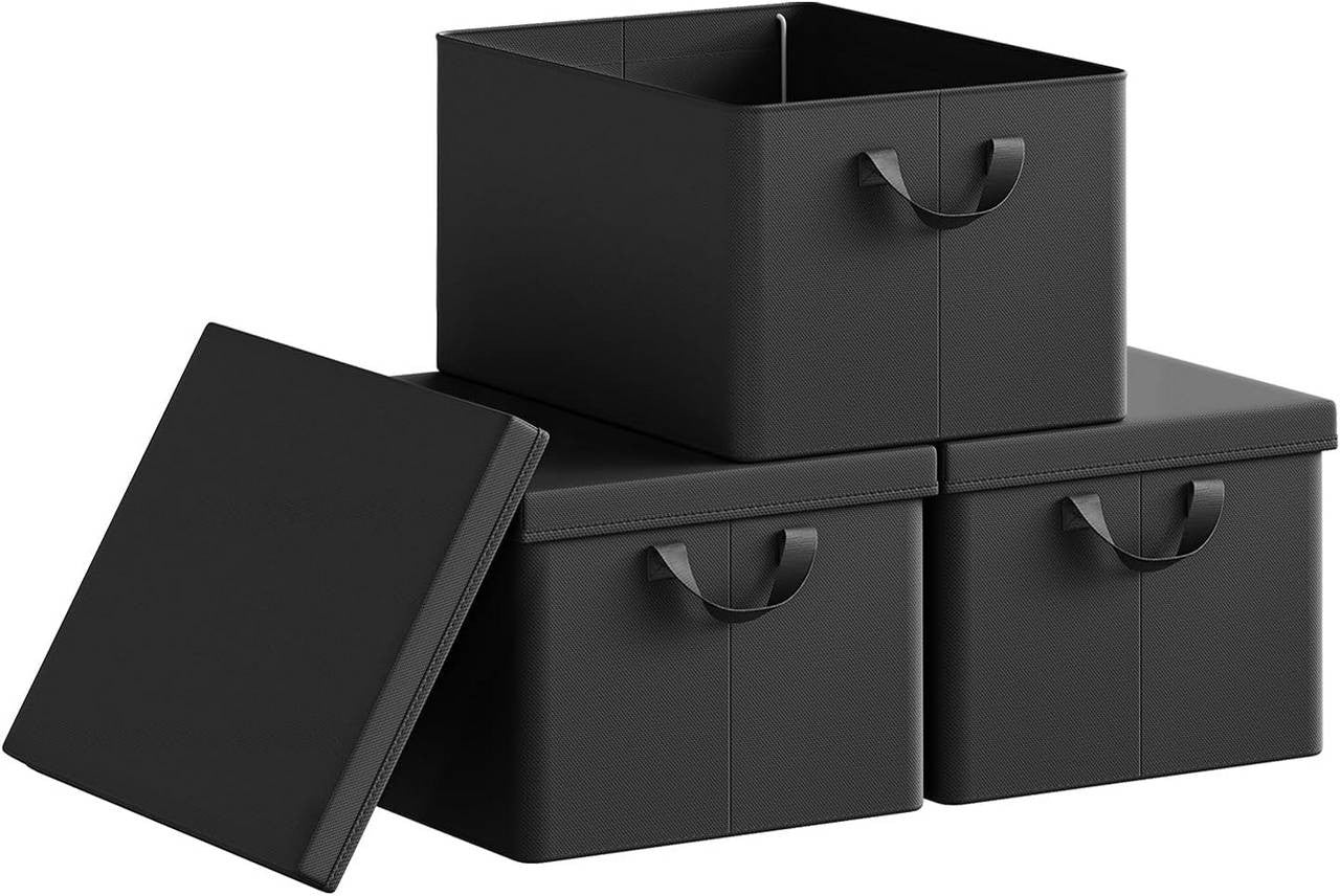 24goodz Set of 3 Storage Boxes with Lids - Versatile and Space-Saving - Polyester and Metal - For Organizing Your Home - Black