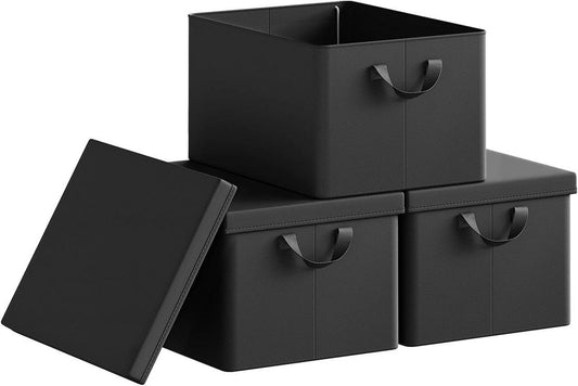 24goodz Set of 3 Storage Boxes with Lids - Versatile and Space-Saving - Polyester and Metal - For Organizing Your Home - Black