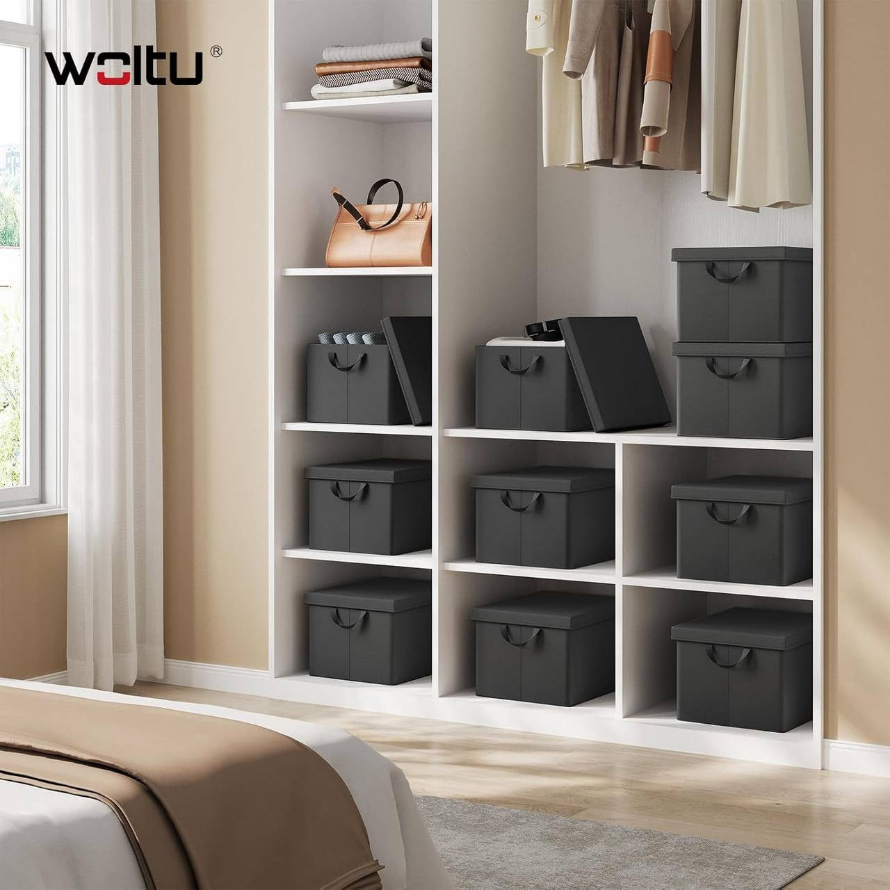 24goodz Set of 5 Storage Boxes with Lids - Versatile and Space-Saving - Polyester and Metal - For Home Organization - Black