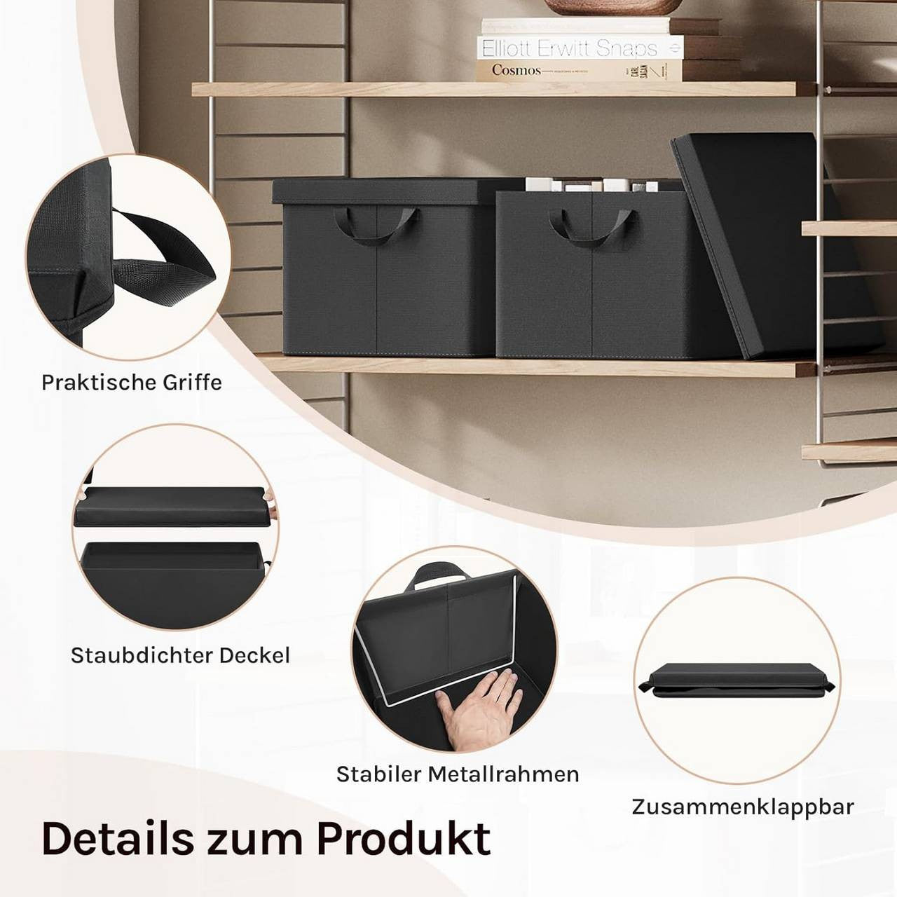 24goodz Set of 3 Storage Boxes with Lids - Versatile and Space-Saving - Polyester and Metal - For Organizing Your Home - Black