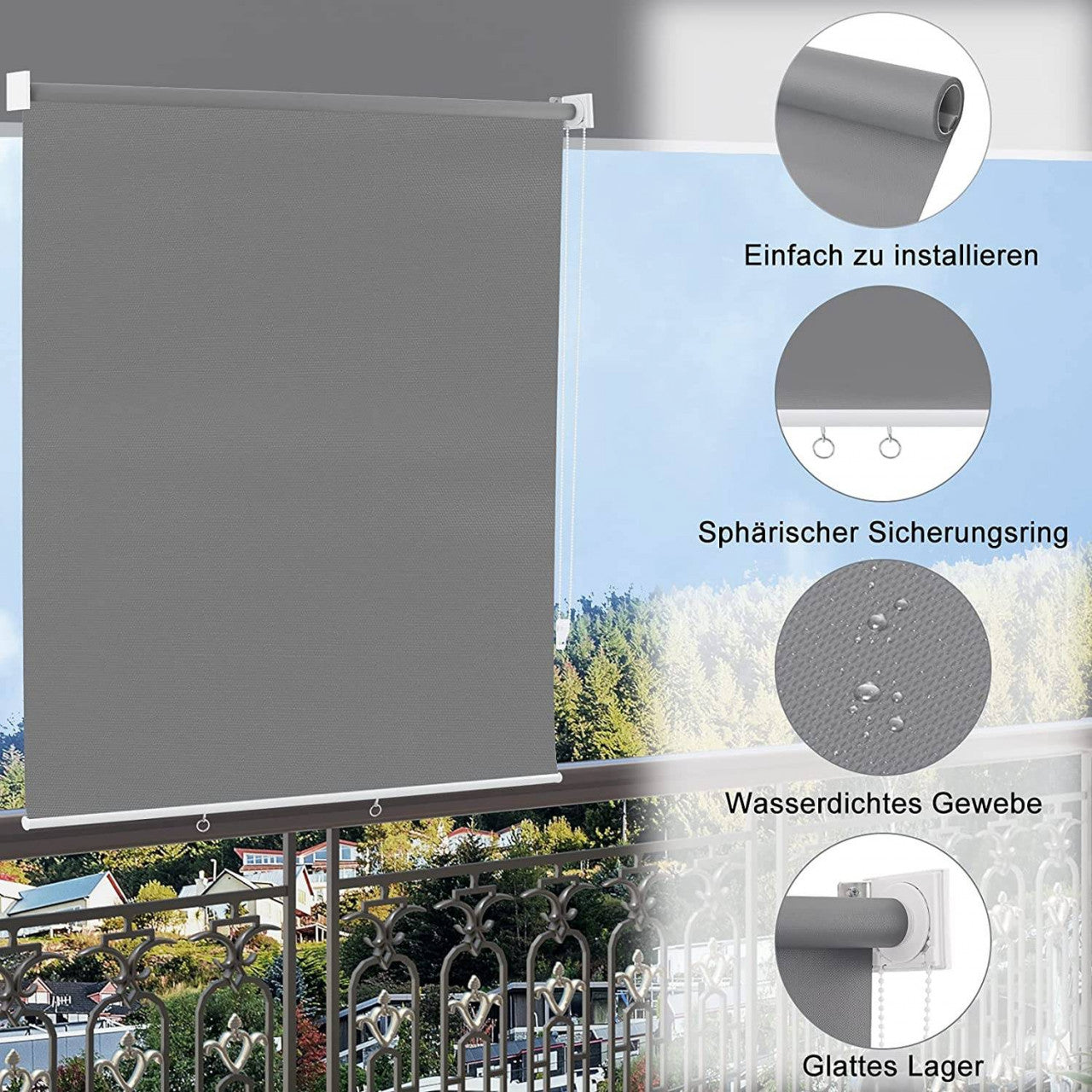 24goodz Outdoor Roller Blind - High UV Protection - Adjustable Height - Polyester - For Balconies and Gardens - Dark Grey 100x140 cm - dgr