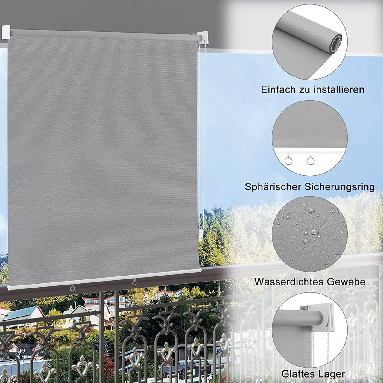 24goodz Outdoor Roller Blind - High UV Protection - Customizable Height - Polyester - For Balconies and Patios - Grey 140x140 cm