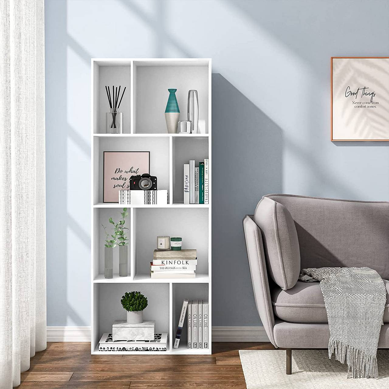 24goodz Bookcase with 8 Open Compartments - High-Quality and Durable - E1 Particle Board - For Home and Office - White - 60 x 143.5 x 29 cm - ws