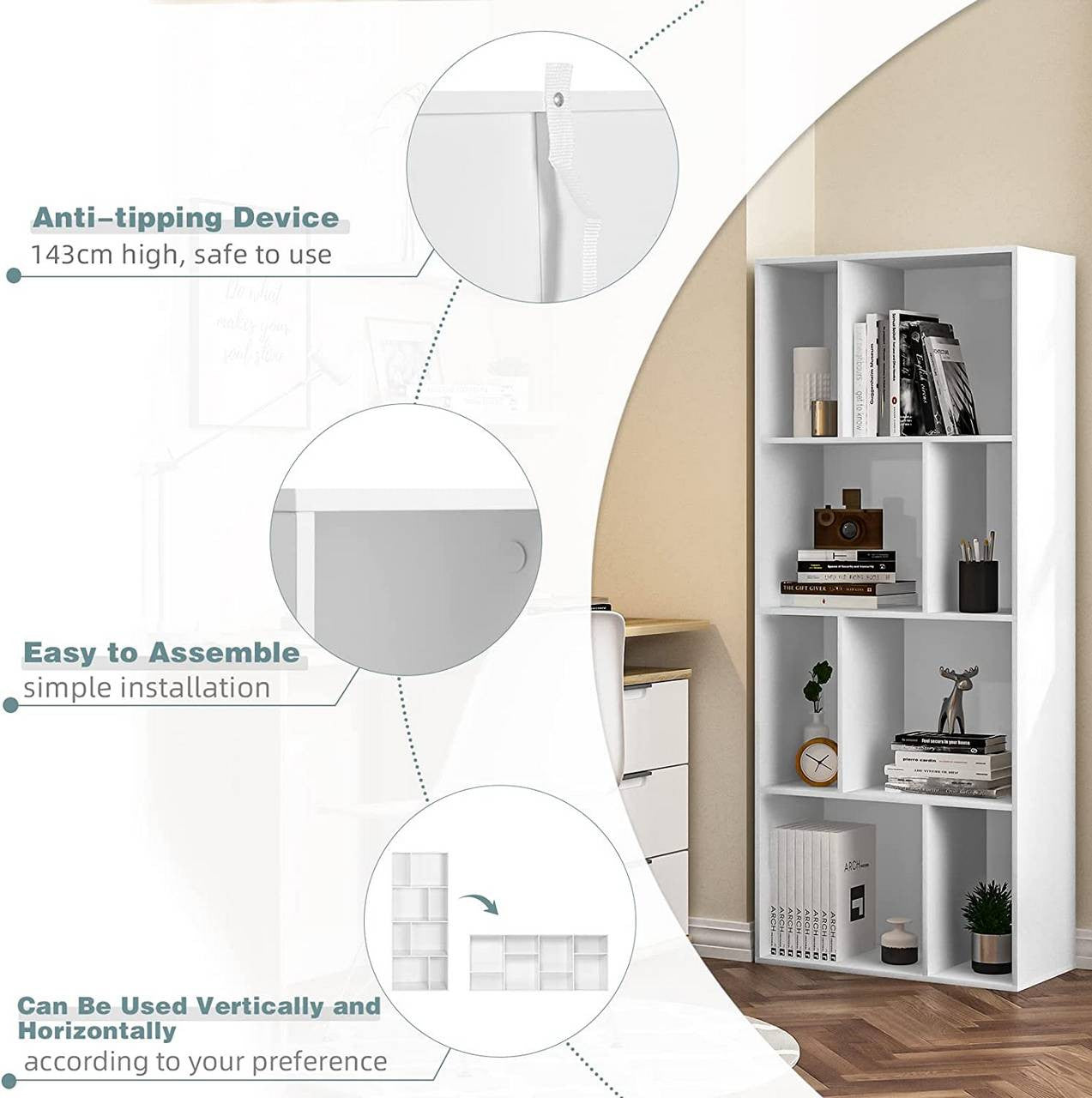 24goodz Bookcase with 8 Open Compartments - High-Quality and Durable - E1 Particle Board - For Home and Office - White - 60 x 143.5 x 29 cm - ws