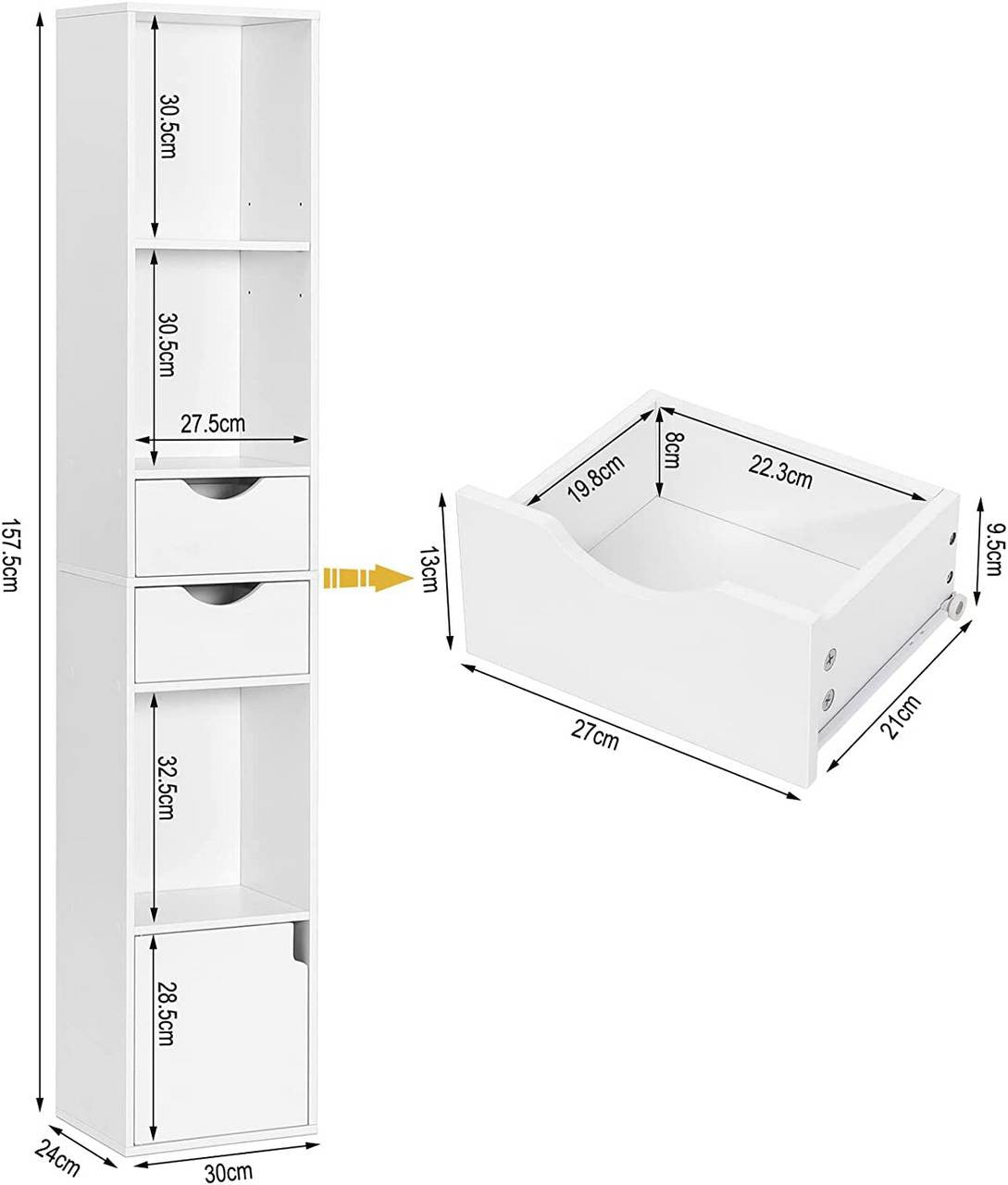 24goodz Bookcase with Drawers and Door - Versatile Storage Solutions - Melamine - For Home and Office - White 30 x 158 x 24 cm - ws