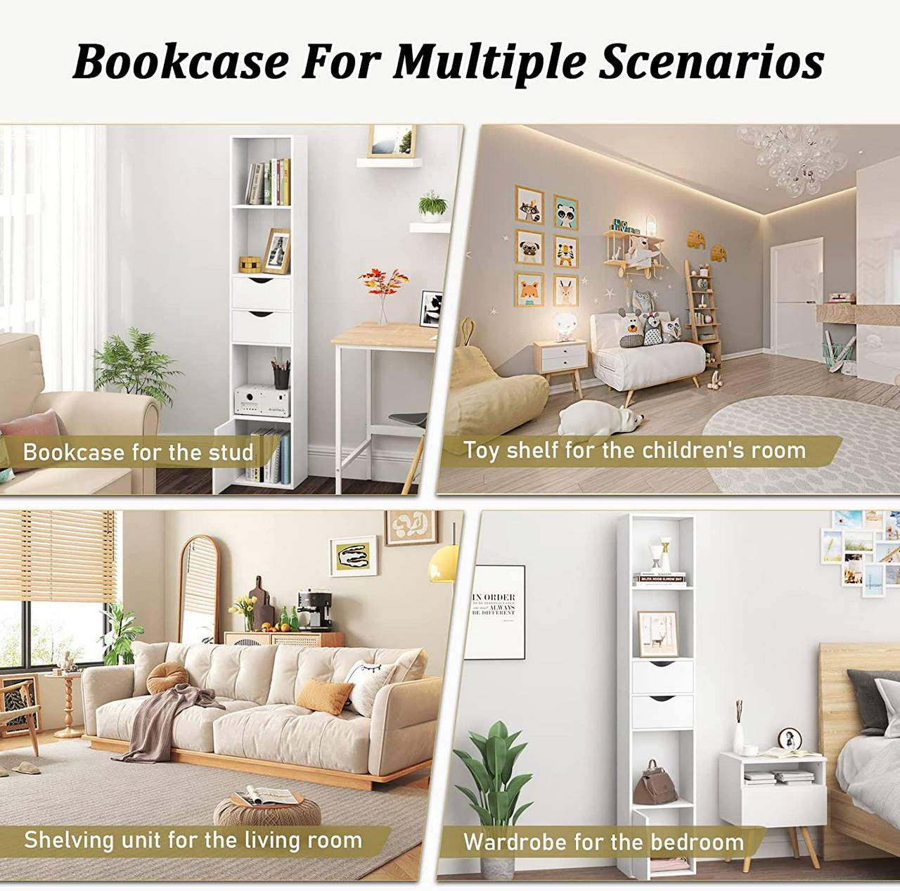 24goodz Bookcase with Drawers and Door - Versatile Storage Solutions - Melamine - For Home and Office - White 30 x 158 x 24 cm - ws