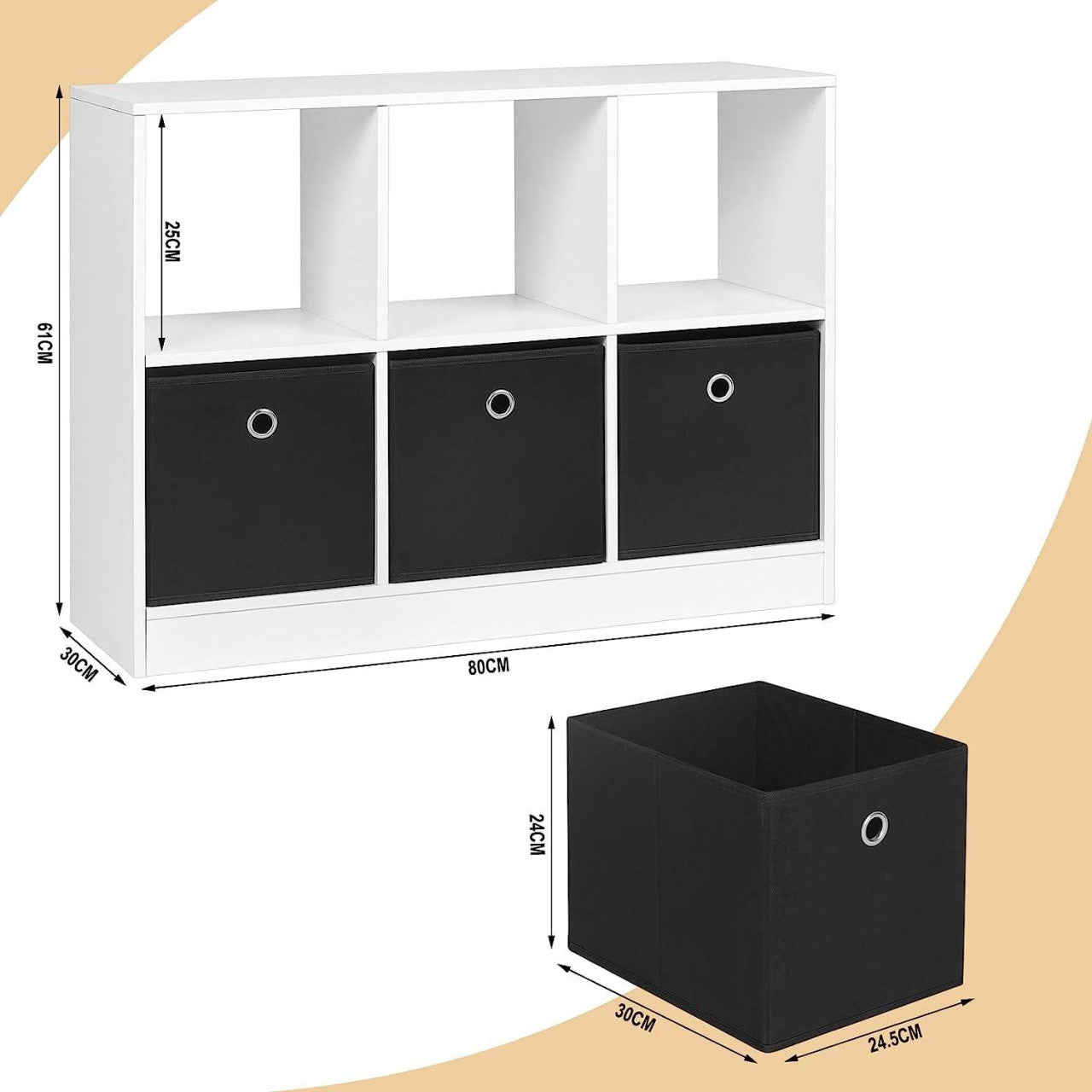 24goodz Stylish Bookcase with 3 Fabric Drawers - High Capacity - E1 Wood Material - For Home Organization - White - 80x60x30 cm
