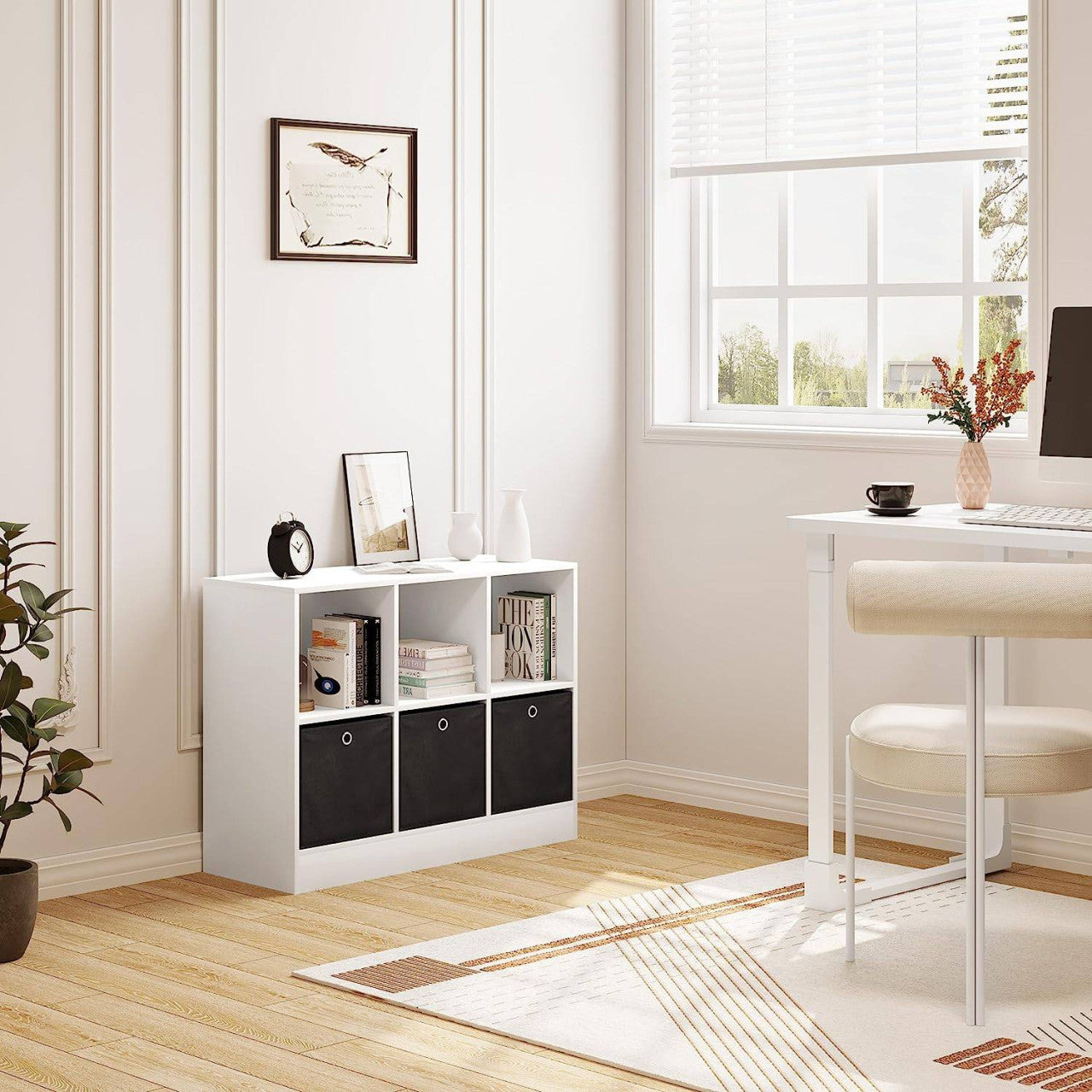 24goodz Stylish Bookcase with 3 Fabric Drawers - High Capacity - E1 Wood Material - For Home Organization - White - 80x60x30 cm