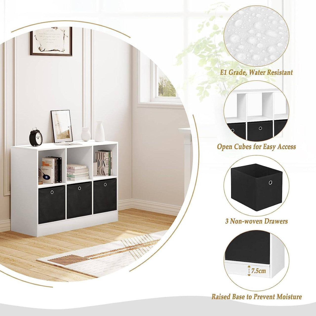 24goodz Stylish Bookcase with 3 Fabric Drawers - High Capacity - E1 Wood Material - For Home Organization - White - 80x60x30 cm