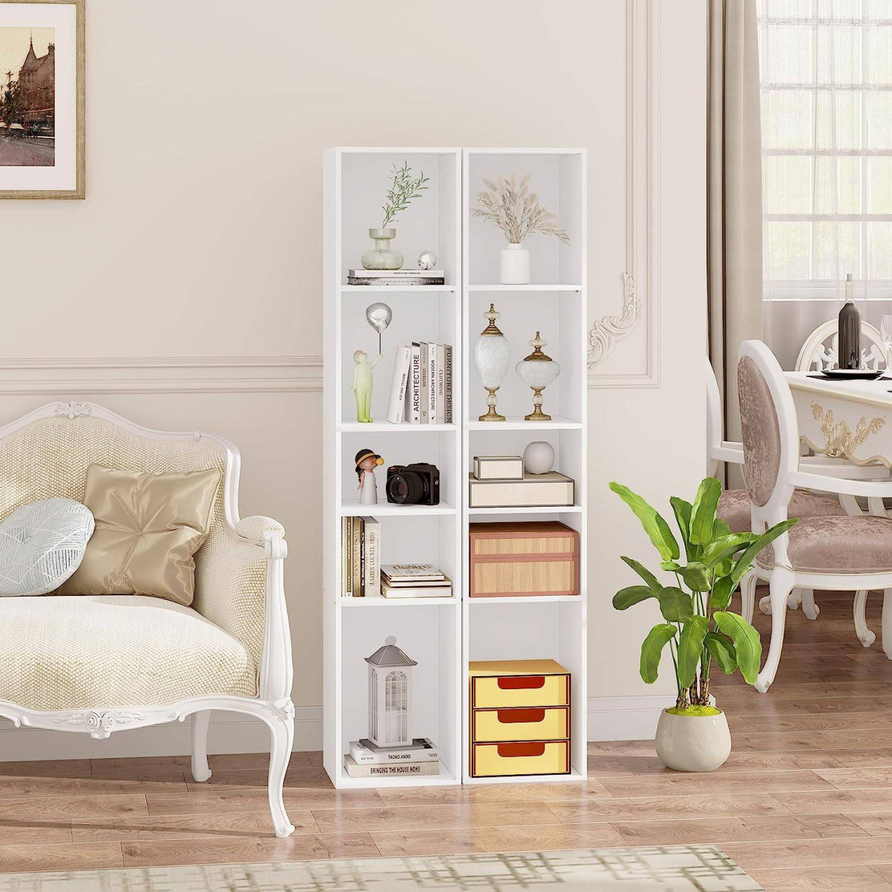24goodz Open Bookshelf with 5 Cubes - Versatile Storage Solution - E1-Class Engineered Wood - For Home and Office - White Oak