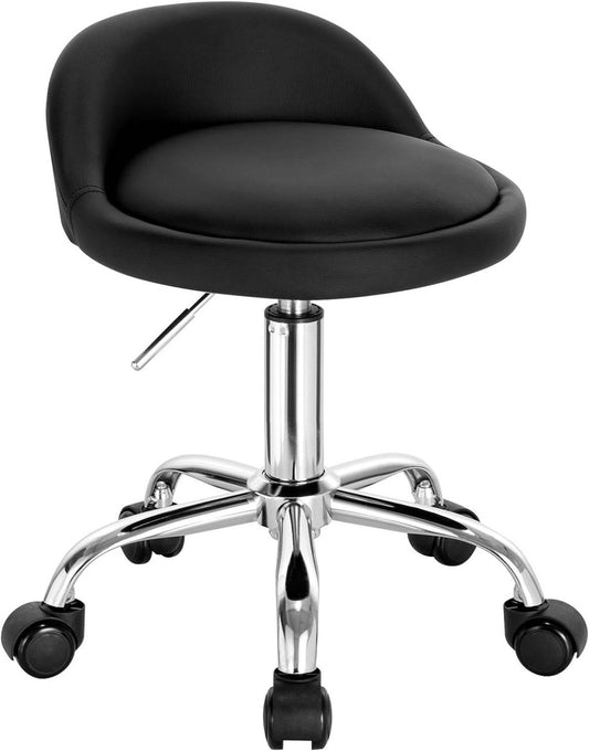24goodz Adjustable Office Stool with Wheels - Stylish & Comfortable - Ergonomic Design - Faux Leather - Black
