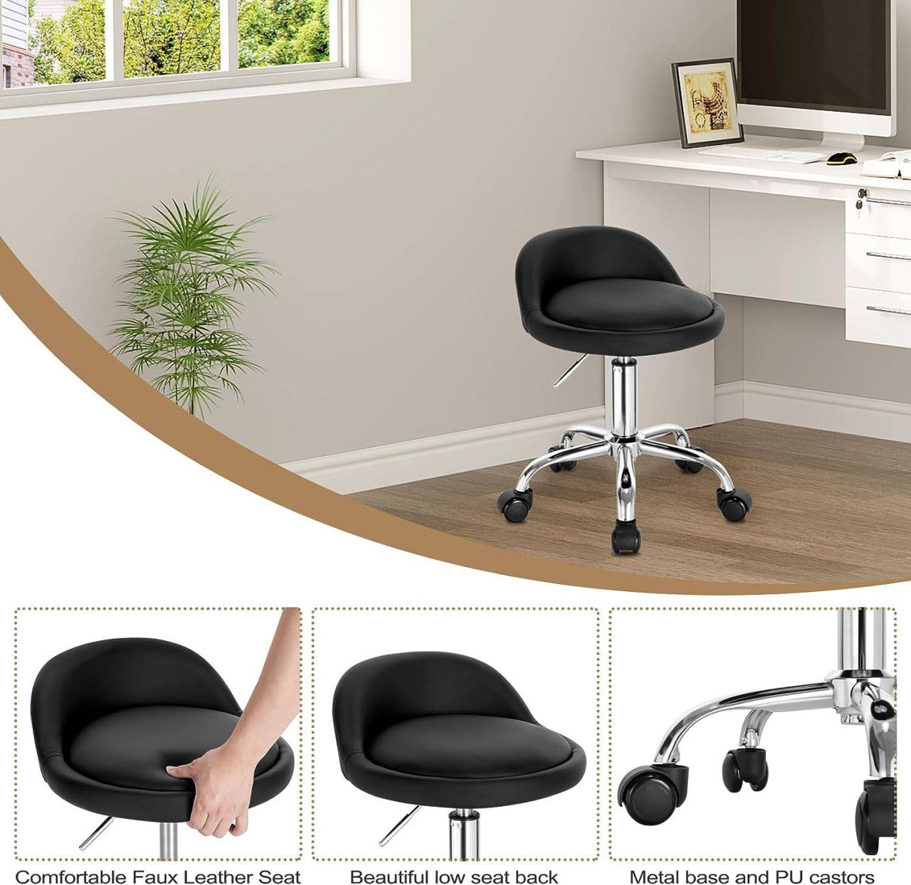 24goodz Adjustable Office Stool with Wheels - Stylish & Comfortable - Ergonomic Design - Faux Leather - Black