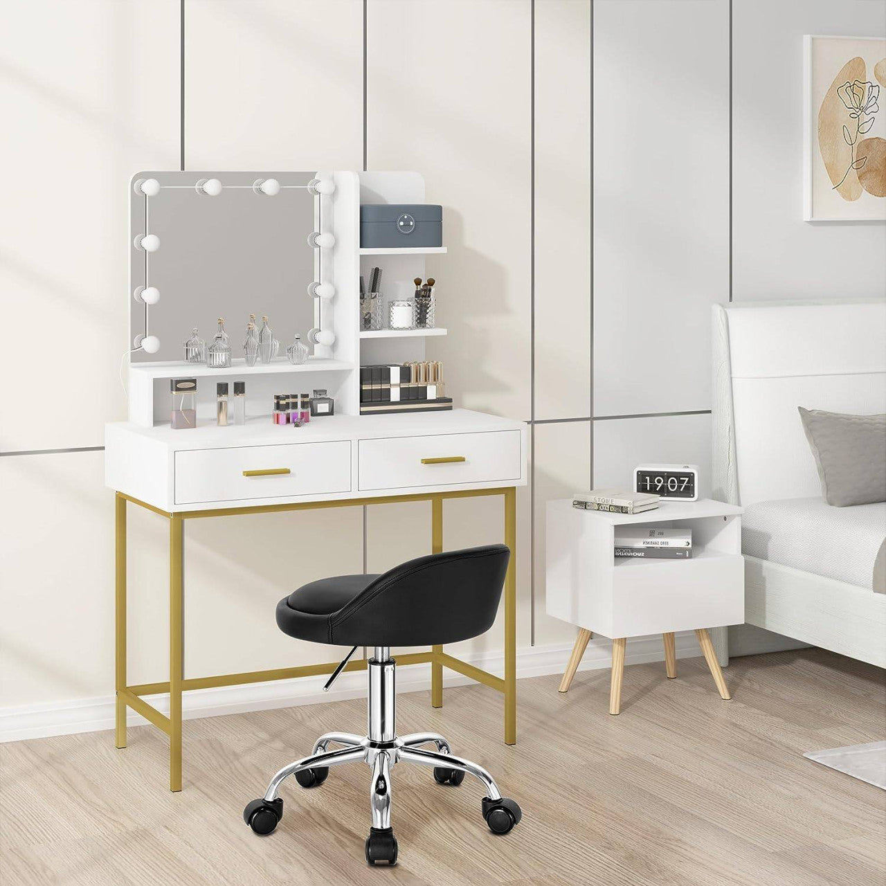 24goodz Adjustable Office Stool with Wheels - Stylish & Comfortable - Ergonomic Design - Faux Leather - Black