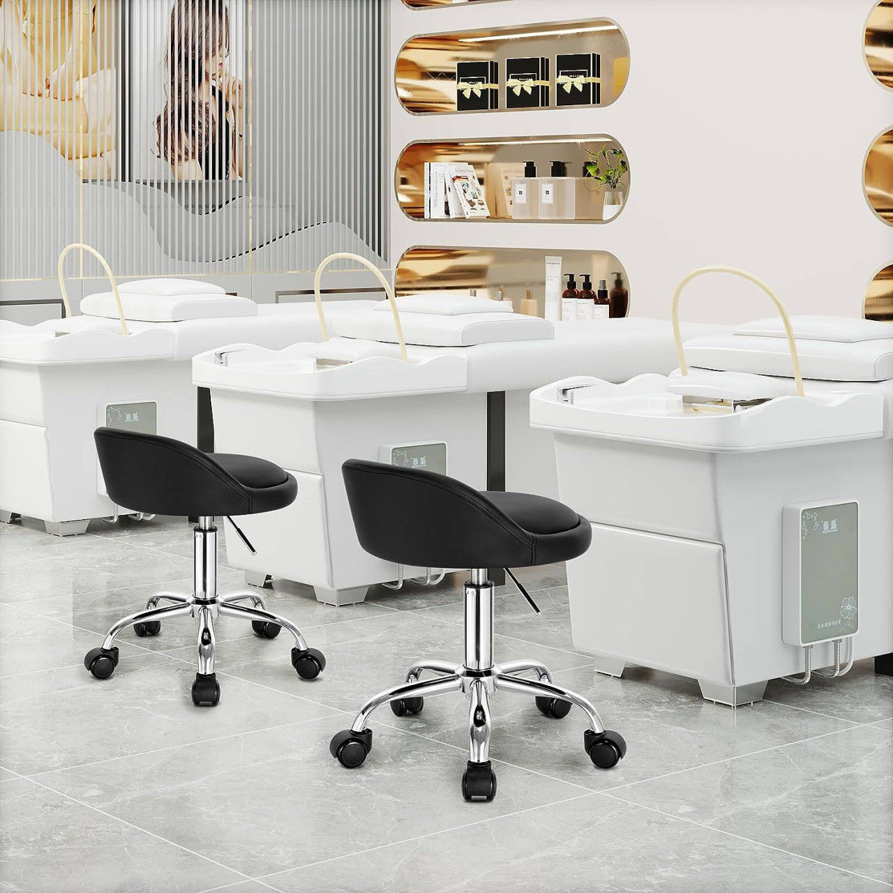 24goodz Adjustable Office Stool with Wheels - Stylish & Comfortable - Ergonomic Design - Faux Leather - Black
