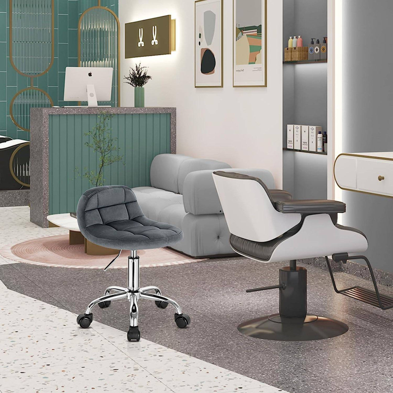 24goodz Velvet Office Stool with Wheels - Stylish & Comfortable - Ergonomic Design - Velvet + Metal - Dark Grey