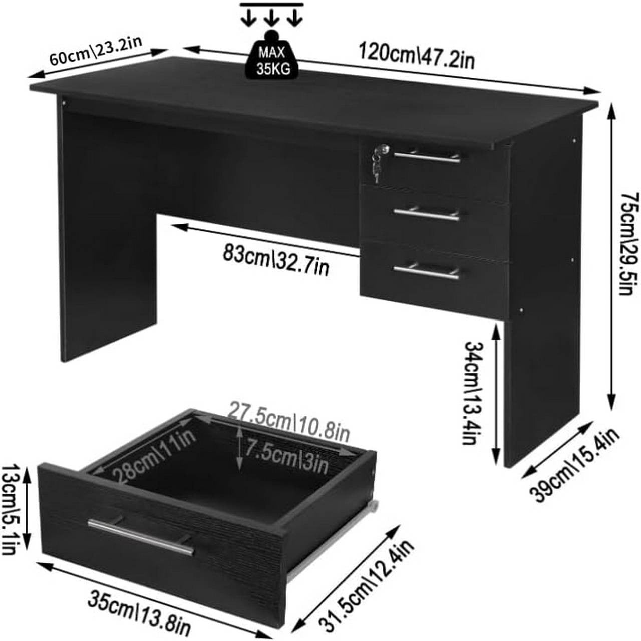 24goodz Office Desk with 3 Drawers and Lock - Sturdy and Stylish - Wood - For Home and Office - Black - 120x60x75cm - sz