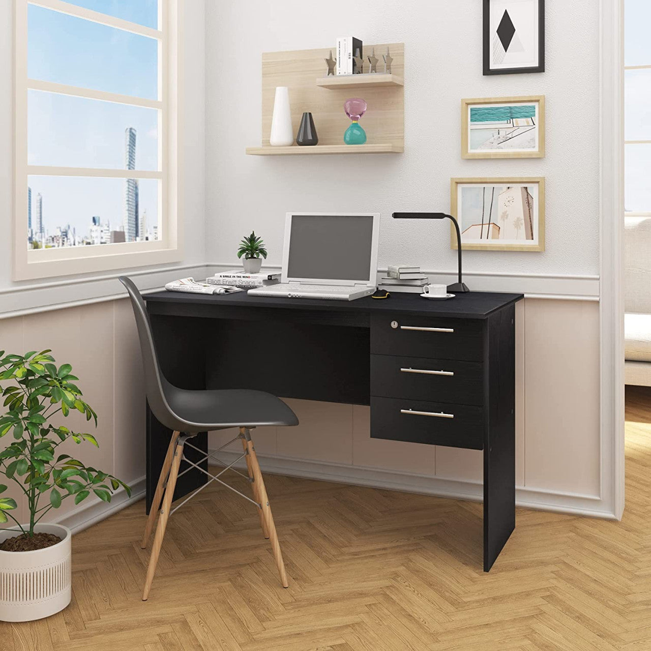 24goodz Office Desk with 3 Drawers and Lock - Sturdy and Stylish - Wood - For Home and Office - Black - 120x60x75cm - sz