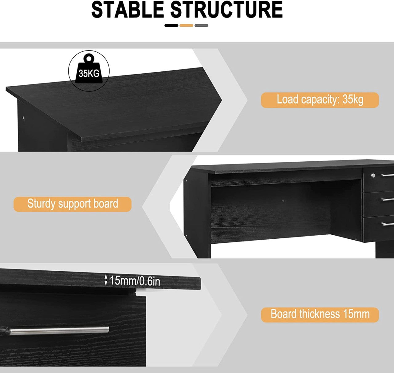 24goodz Office Desk with 3 Drawers and Lock - Sturdy and Stylish - Wood - For Home and Office - Black - 120x60x75cm - sz