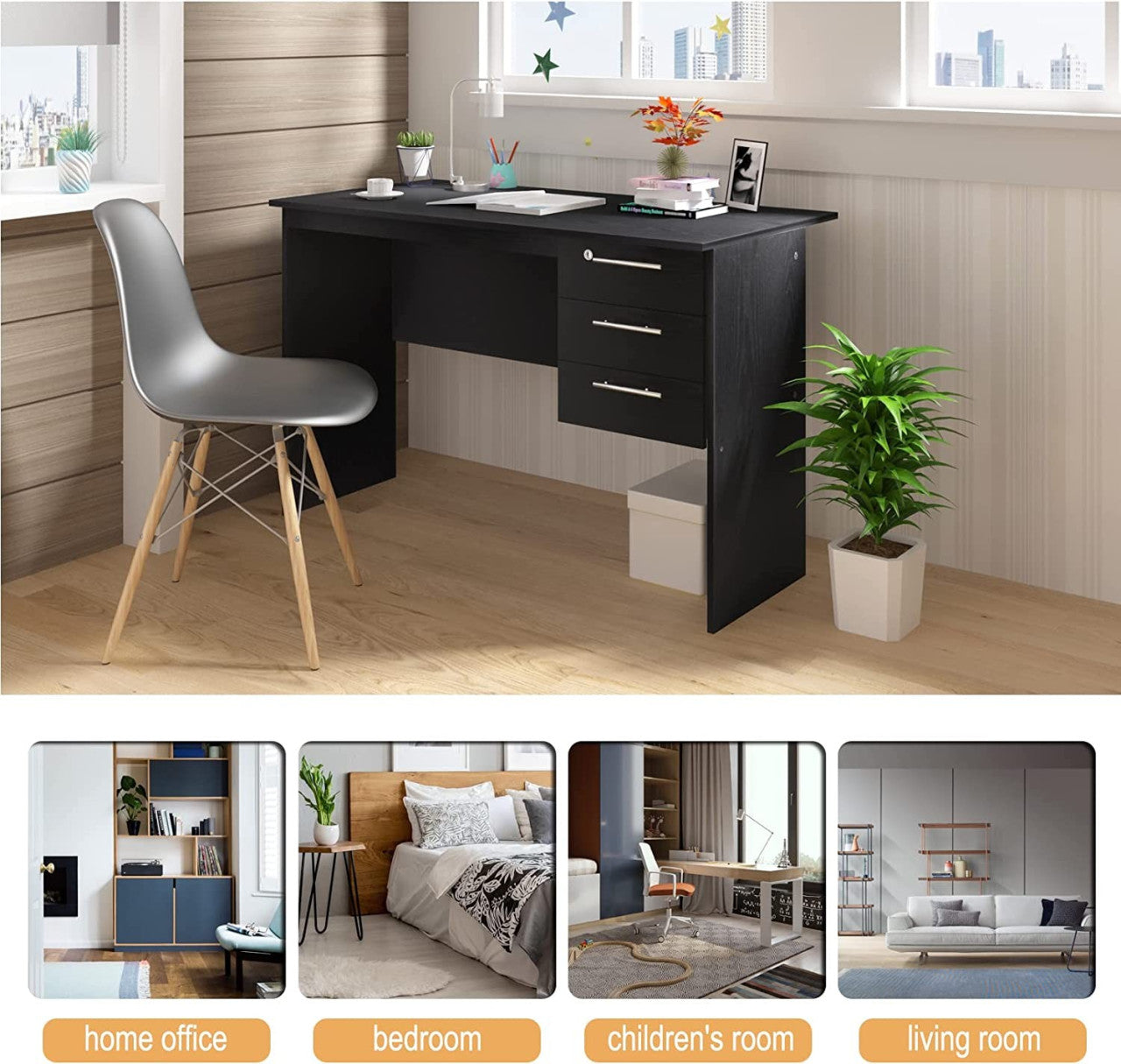 24goodz Office Desk with 3 Drawers and Lock - Sturdy and Stylish - Wood - For Home and Office - Black - 120x60x75cm - sz