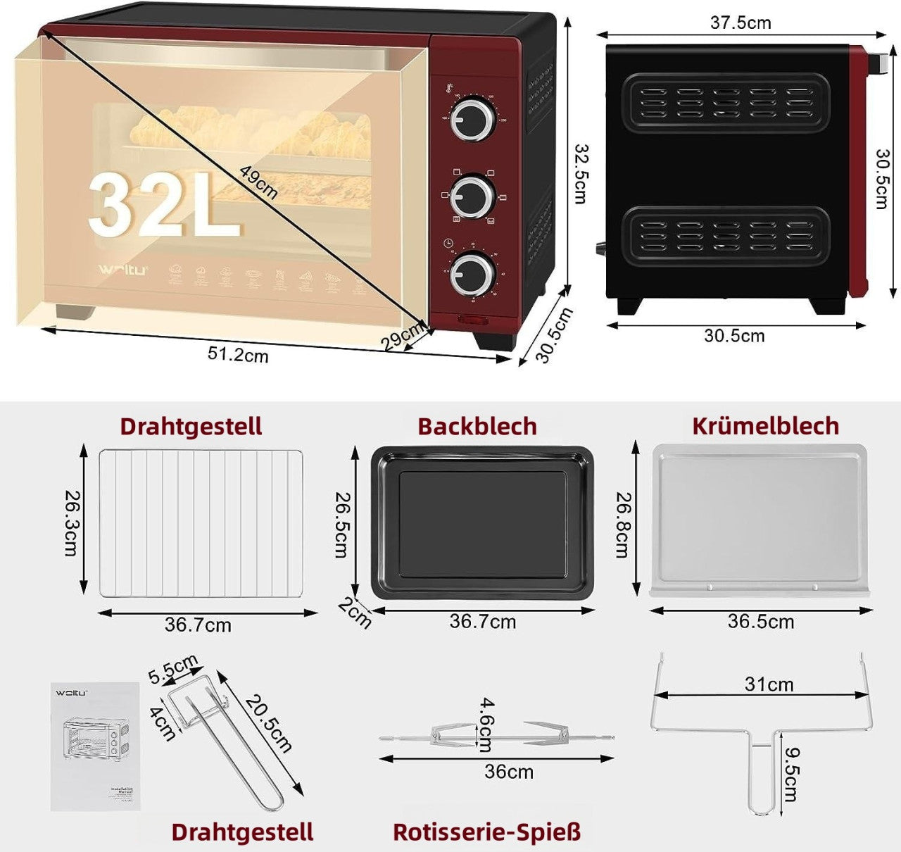 24goodz Convection Oven with Pizza Function - Fast Heating - Easy Clean - 1600W - Black - 32L - rsz