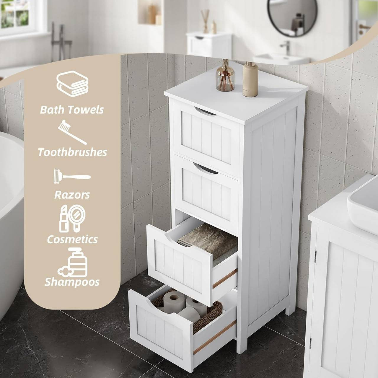 24goodz Bathroom Cabinet - Versatile Use - Eco-Friendly Bamboo and MDF - 30x82x30 cm - White - ws
