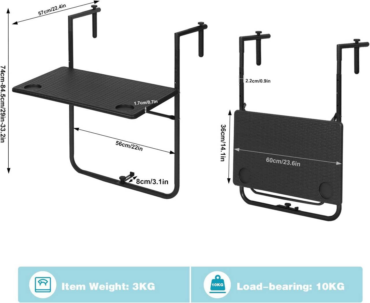 24goodz Foldable Balcony Table - Adjustable Height - Space-Saving Design - PE + Metal - Black - 60 x (74-84,5) x 57 cm - sz