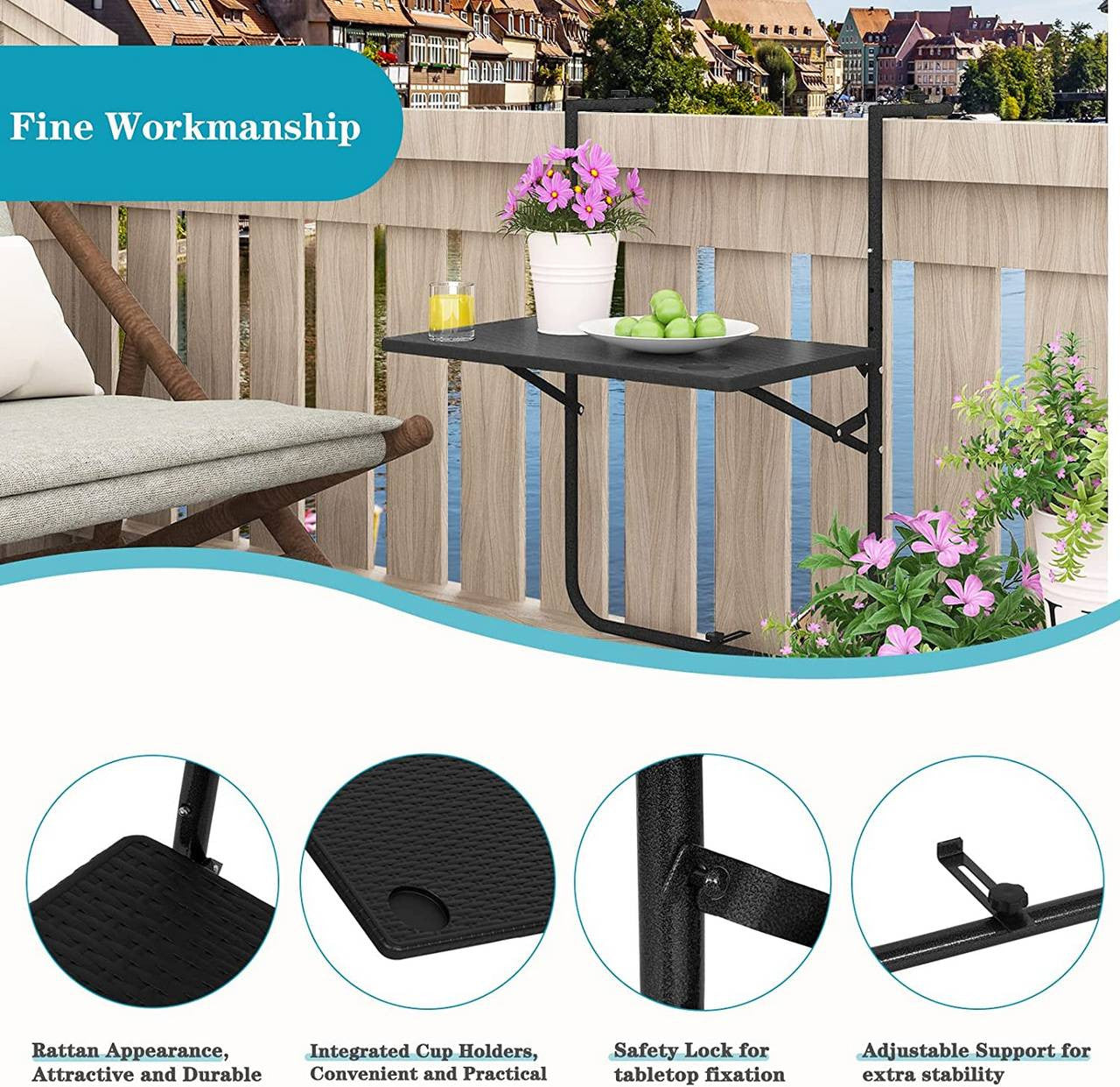 24goodz Foldable Balcony Table - Adjustable Height - Space-Saving Design - PE + Metal - Black - 60 x (74-84,5) x 57 cm - sz