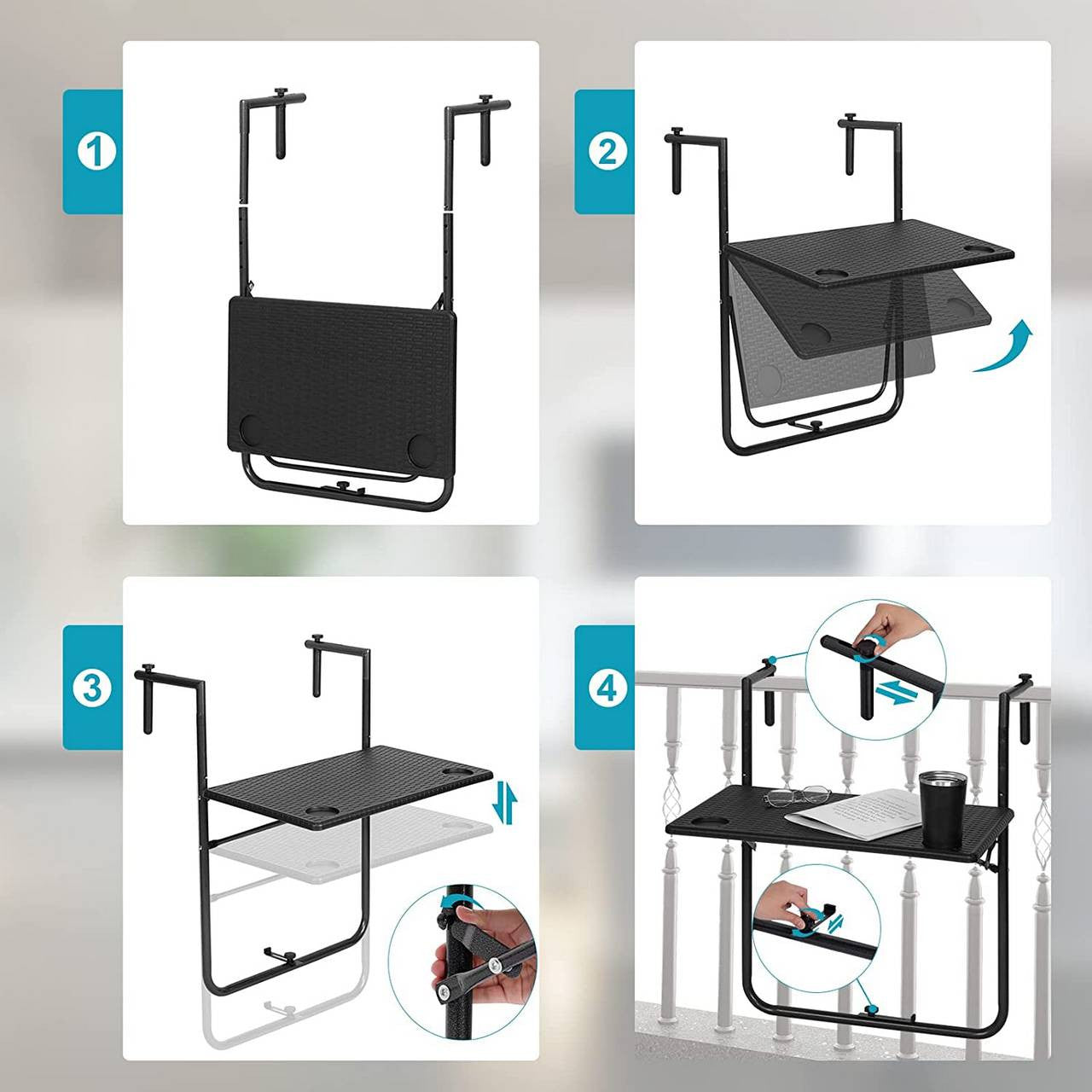 24goodz Foldable Balcony Table - Adjustable Height - Space-Saving Design - PE + Metal - Black - 60 x (74-84,5) x 57 cm - sz