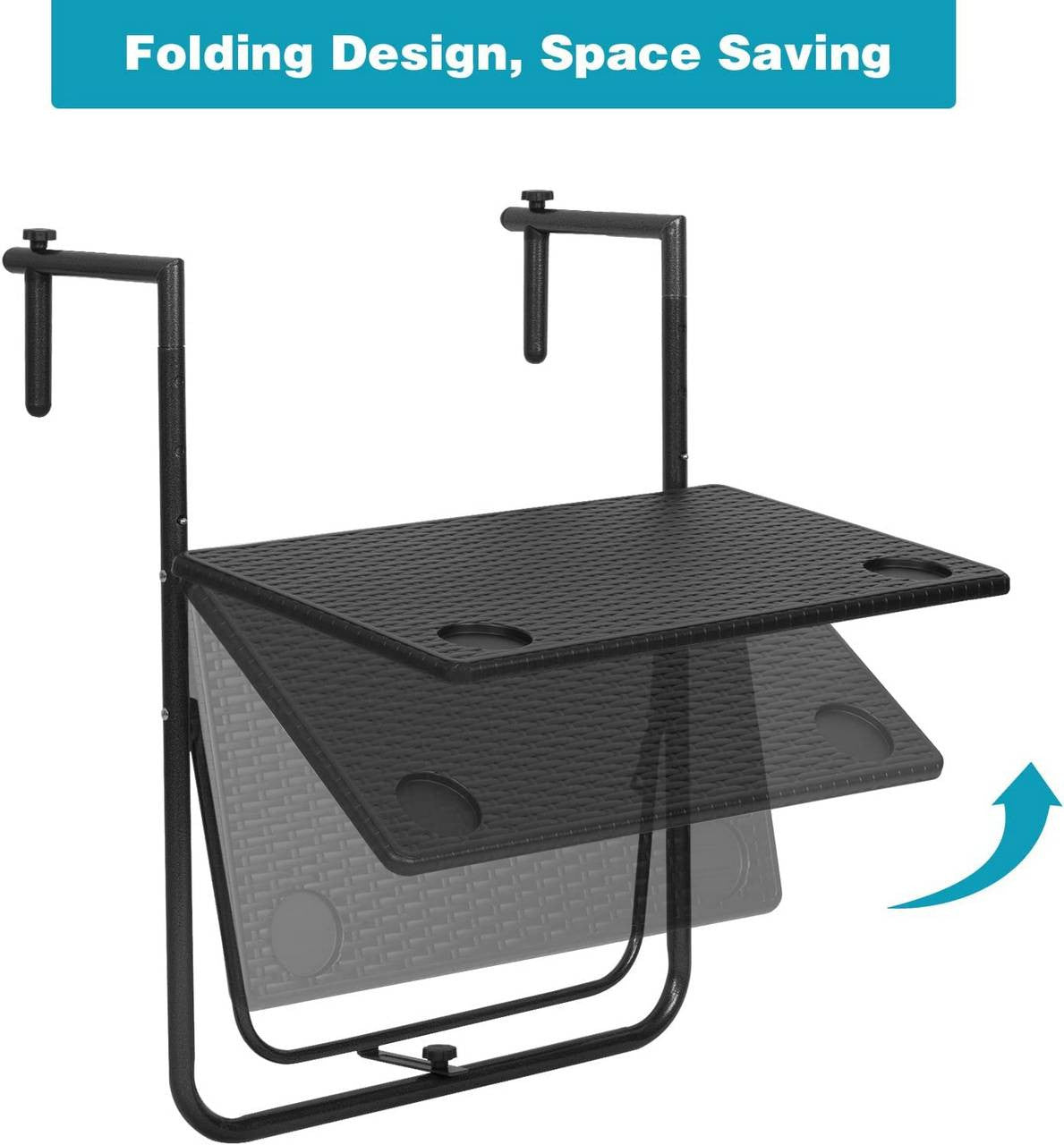 24goodz Foldable Balcony Table - Adjustable Height - Space-Saving Design - PE + Metal - Black - 60 x (74-84,5) x 57 cm - sz