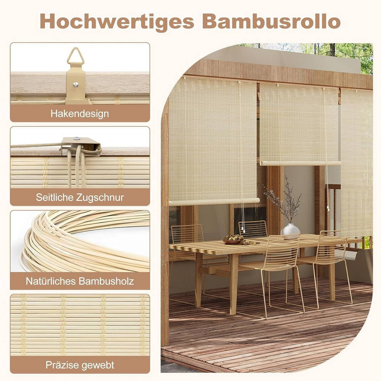 24goodz Bamboo Roller Blind - Elegant Light Filtering - Durable Bamboo - For Indoor and Outdoor Use - Natural Colour - 90 x 160 cm