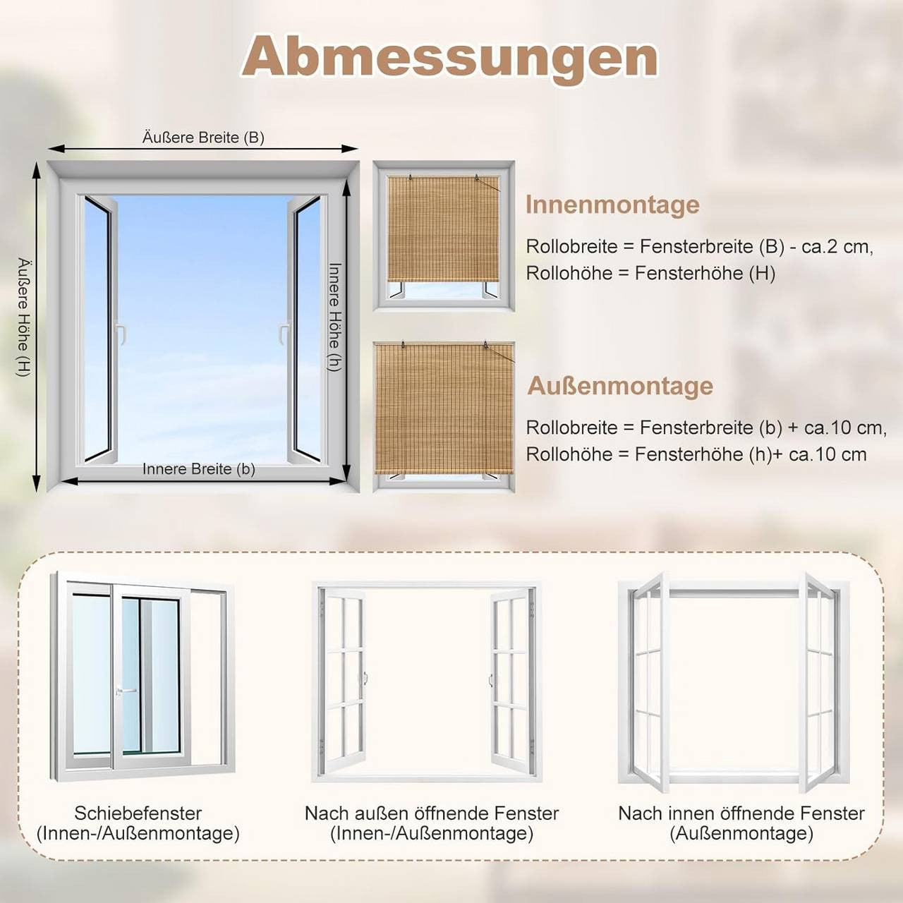 24goodz Bamboo Roller Blind - High-Quality Natural Material - Flexible Installation - Bamboo - For Indoor and Outdoor Use - Brown 90x220cm