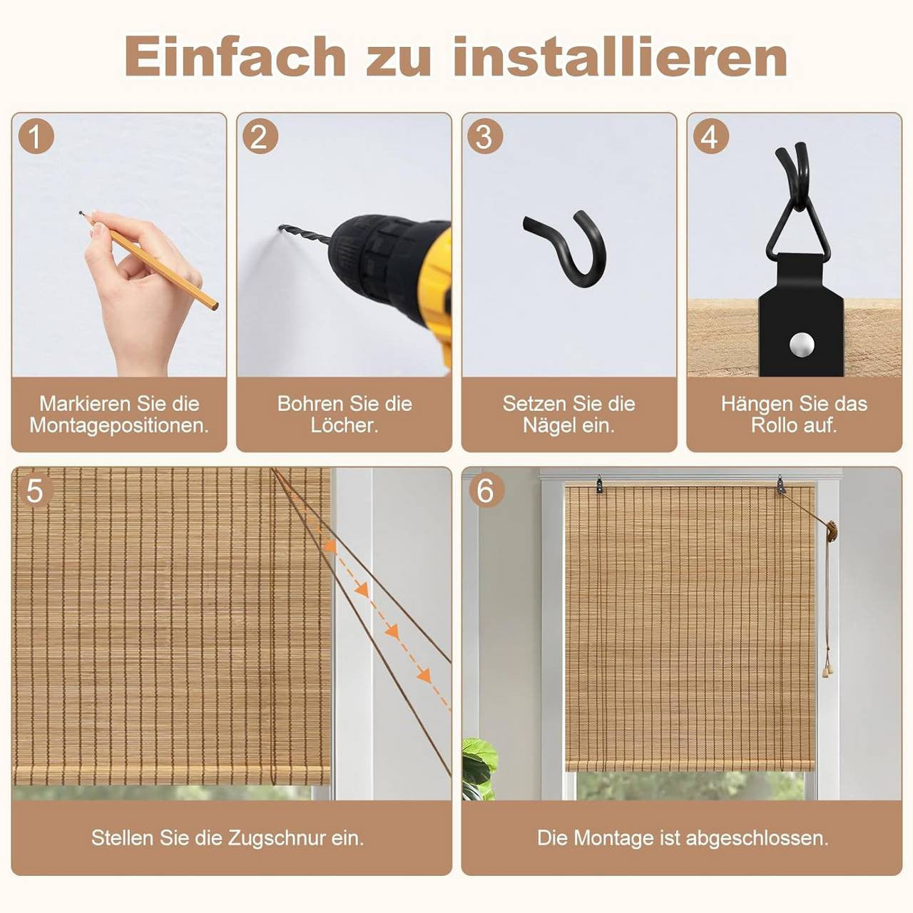 24goodz Bamboo Roller Blind - High-Quality Natural Material - Flexible Installation - Bamboo - For Indoor and Outdoor Use - Brown 90x220cm