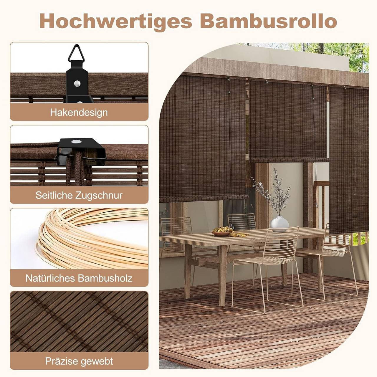 24goodz Bamboo Roller Blind - Elegant Light Filtering - Durable Bamboo - For Indoor and Outdoor Use - Dark Brown - 110 x 160 cm